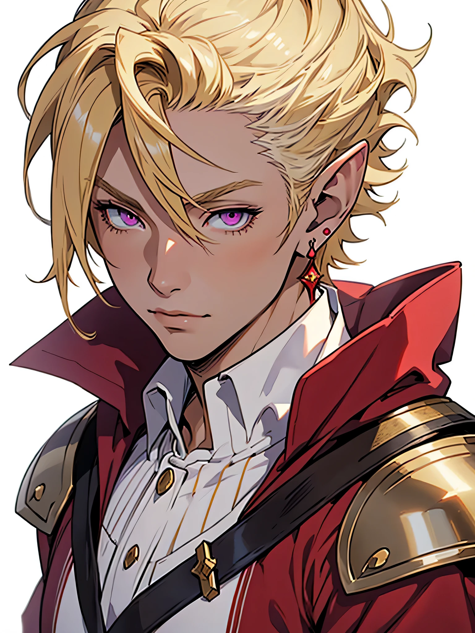 medieval anime art, masterpiece, best quality, by professional artist, male, solo, upper body portrait, detailed composition, detailed eyes, (((white background))), short blond hair, magenta eyes, elf ears, earrings, wearing red and yellow mage armor, mature