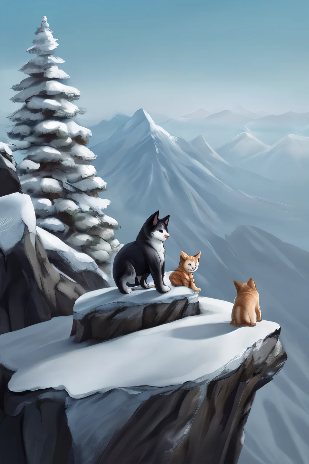 one cat and one dog are traveling on the top of the mountain
