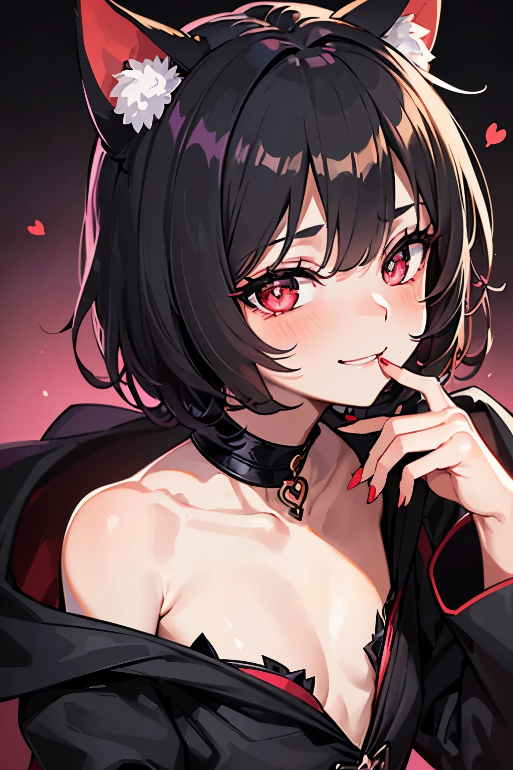 Masterpiece, portrait, best quality, very detailed, ((close up, very close to face, viewer close to face)), ((ultra detailed face)), 1boy, ((male)), femboy, (effeminate), red eyes, ((red eyes, big eyes, heart shaped eyes, heart shaped pupils, hearts in your eyes)), short hair, ((smoking black hair, black hair color, peek a boo haircut)), ((cat ears)), blushing slighly, smug, wide smile, ((evil smile)), mage robe, ((western black robe)), flat chest, male chest, high fantasy, empty background, white background, ambiance light