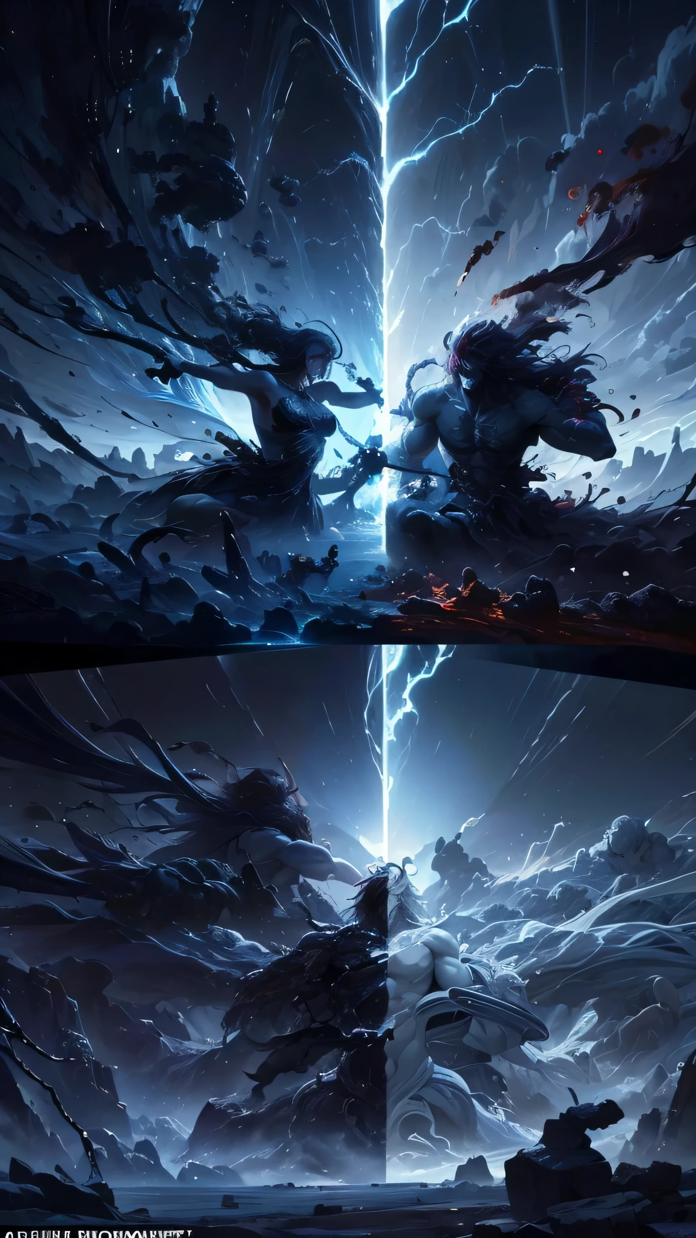 confrontation finale: Zeus fights against Hades. Magnificent and devastated landscape, Des éclairs dans le ciel, chocs violents, Epic battle, combats sanglants, impact sur le terrain, la mort jonche le sol (couleurs réalistes et lumineuses, ultra-detailed, 16k).