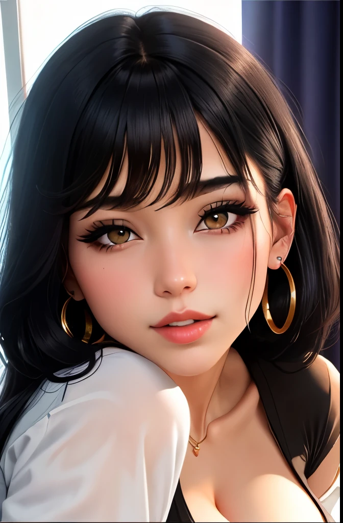 1girl, black_hair, breasts, cleavage, curtains, earrings, front-tie_top, jewelry, large_breasts, lips, looking_at_viewer, shirt, solo, tied_shirt, upper_body, white_shirt