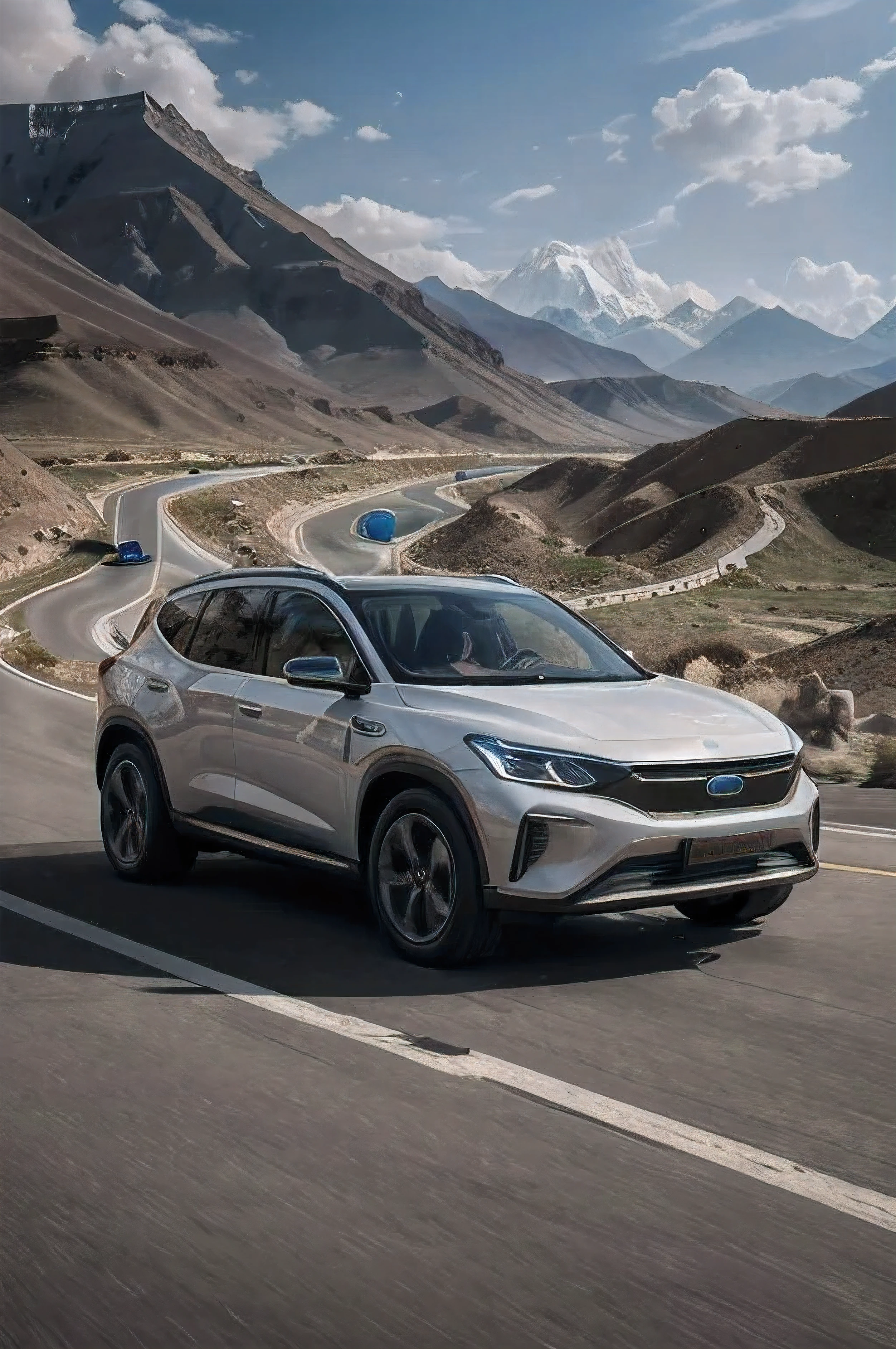 ray tracing, UHD, high quality, high detail, best quality, high resolution, 8k, a cool SUV, surrealism, electric car concept elements, noon, Tibetan plateau, motion blur, ultra wide angle, Eye-Level Shot.