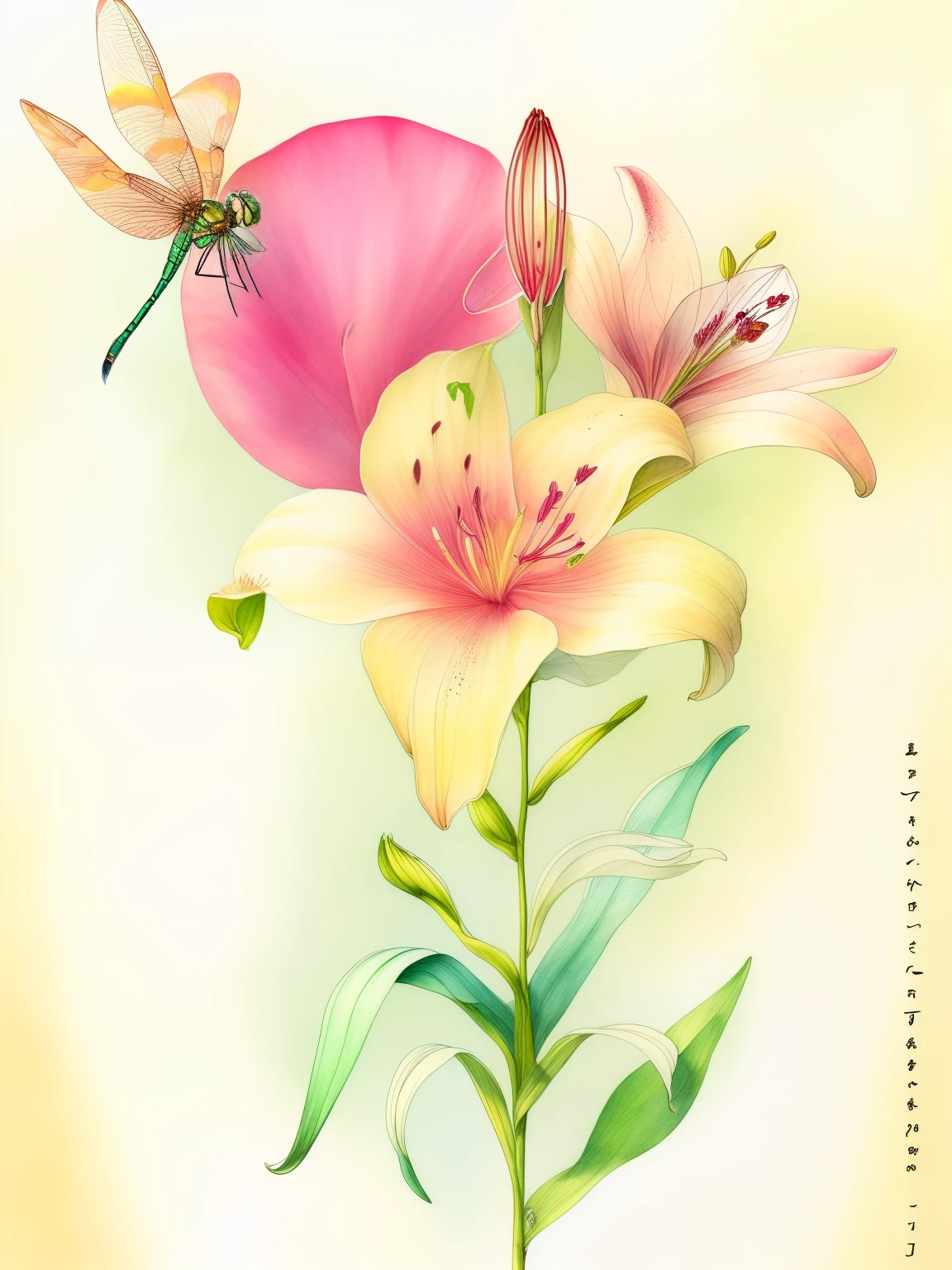 there is a drawing of a dragonfly and a flower, lilies, by Maksimilijan Vanka, by Károly Lotz, illustration”, by Grytė Pintukaitė, watercolor pencil + ink drawing, mixed media illustration, inspired by Johannes Mytens, rubrum lillies, inspired by Ryōhei Koiso