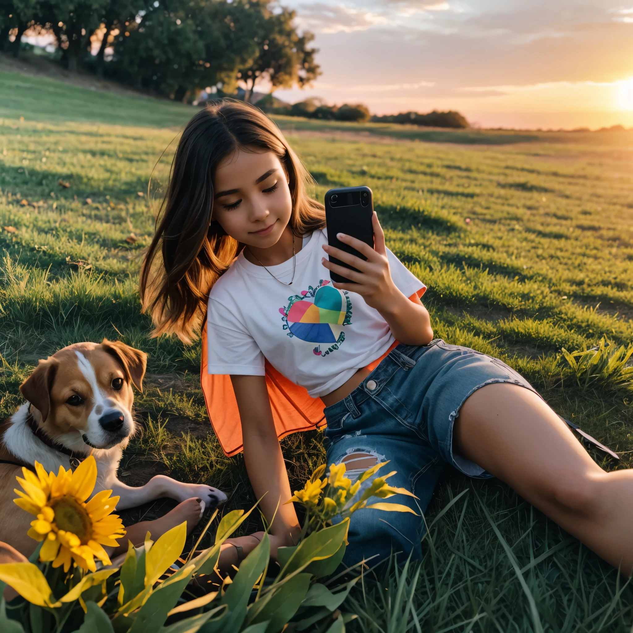 A beautiful girl taking a selfie in her iPhone 14. She is wearing a colorful indie kid outfit. She is in the grass and the sunset behind. A lot leaves laying around. And a cute dog next to her.