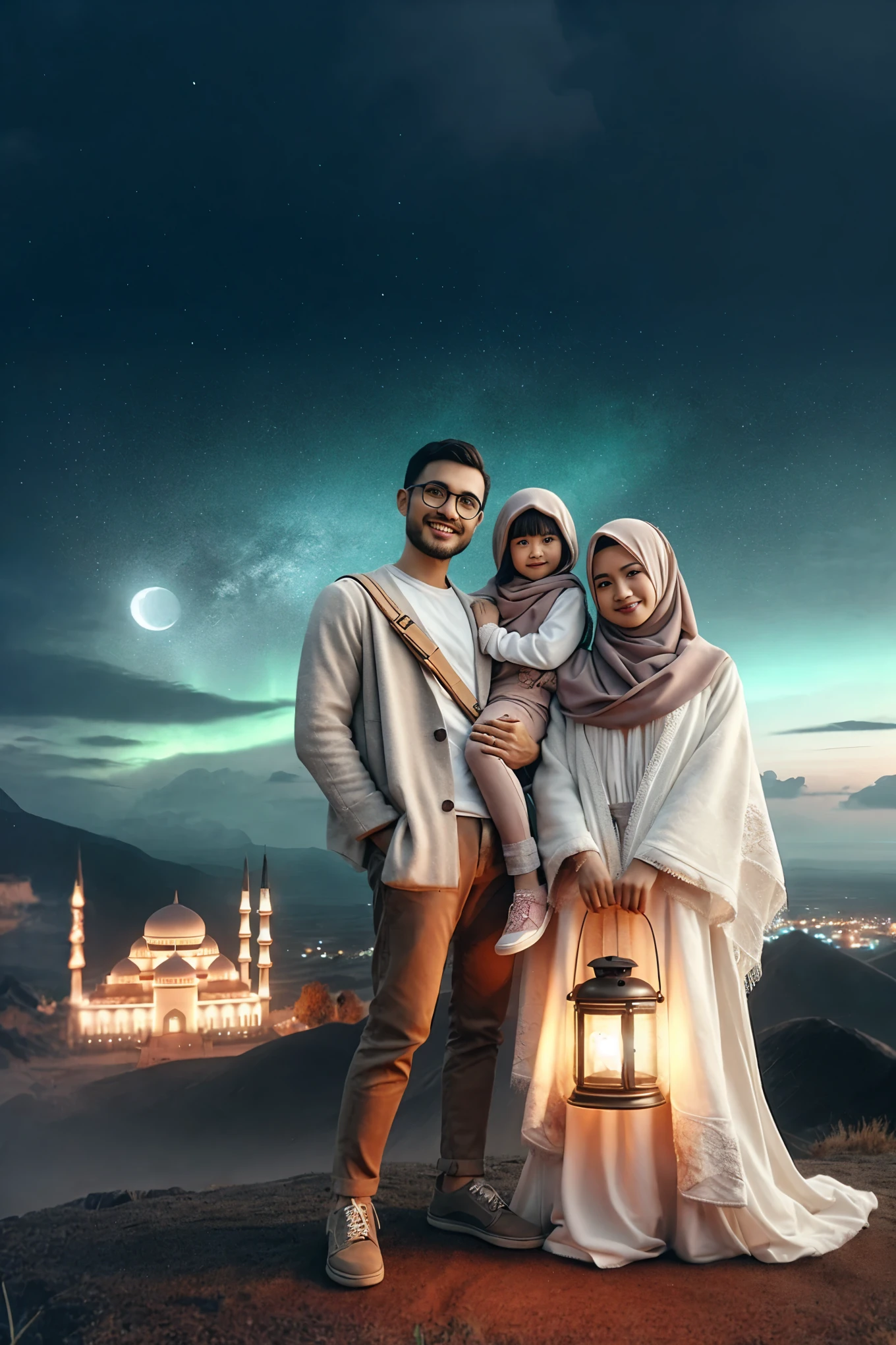 arafed couple with a baby standing on a hill with a lantern, happy family, an indonesian family portrait, high quality portrait, family portrait, profile picture 1024px, arabian night, family photography, full protrait, at night with full moon, portrait shot, portrait of family of three, mid shot portrait, with full moon in the sky