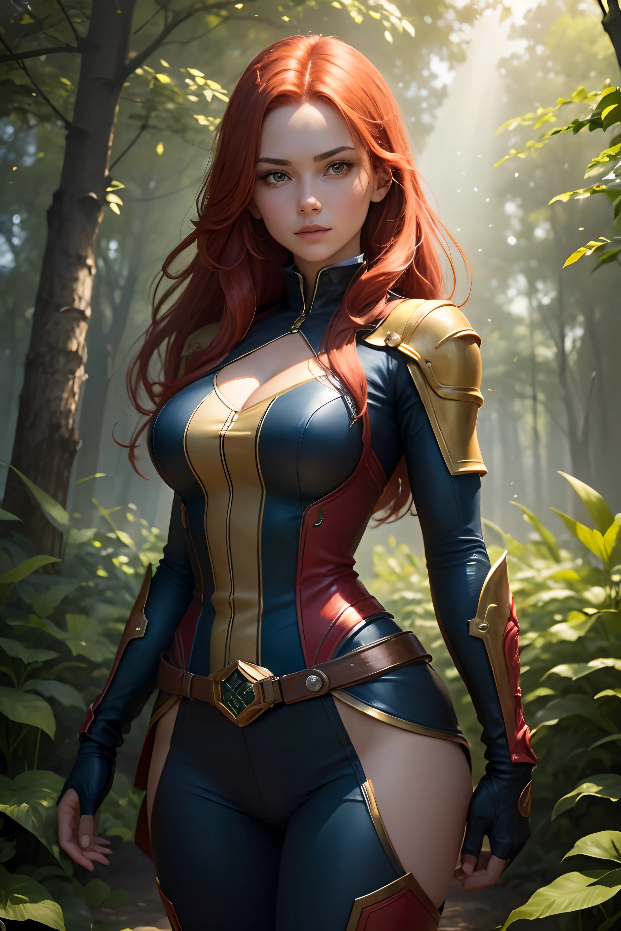 A girl with fiery red hair and vibrant green eyes, wearing a skin-tight yellow and green uniform with red and blue accents, standing confidently in the center of a beautiful garden. She is surrounded by lush greenery, vibrant flowers, and tall trees, creating a serene and magical atmosphere. The girl's expression is determined and heroic, reflecting her role as the Phoenix, a powerful mutant from the X-Men. Her lips are curved in a slight smile, showing her strength and resolve.
The artwork is created using traditional mediums, such as oil paints, to capture the rich textures and vibrant colors. The details of the girl's eyes and face are extremely detailed, showcasing the artist's skill in capturing minute features. The use of studio lighting enhances the realism and depth of the painting, adding a touch of three-dimensionality to the artwork.
The overall image quality is of the best quality, with a resolution of 4k or 8k, allowing for crisp and sharp details. The painting is ultra-detailed, with every stroke and brushwork meticulously executed. The colors are vivid and vibrant, bringing the artwork to life. The painting has a photorealistic quality, where every aspect of the scene is rendered with precision and accuracy.
The artwork is inspired by the style of concept artists, with a dynamic and epic feel. The composition is carefully balanced, with the girl placed in the center, surrounded by the lush garden. The colors are warm and vibrant, with a mix of fiery reds, cool blues, and lush greens, enhancing the overall atmosphere of the artwork.
The lighting in the painting is dramatic, with rays of golden sunlight streaming through the trees, casting a warm glow on the girl's face ,nd illuminating the garden. The shadows are deep and contrasted, adding depth and dimension to the artwork.
Overall, the prompt for the Ststable diffusions:
girl with fiery red hair, vibrant blue eyes, wearing a skin-tight yellow and green uniform with red and blue accents, standin