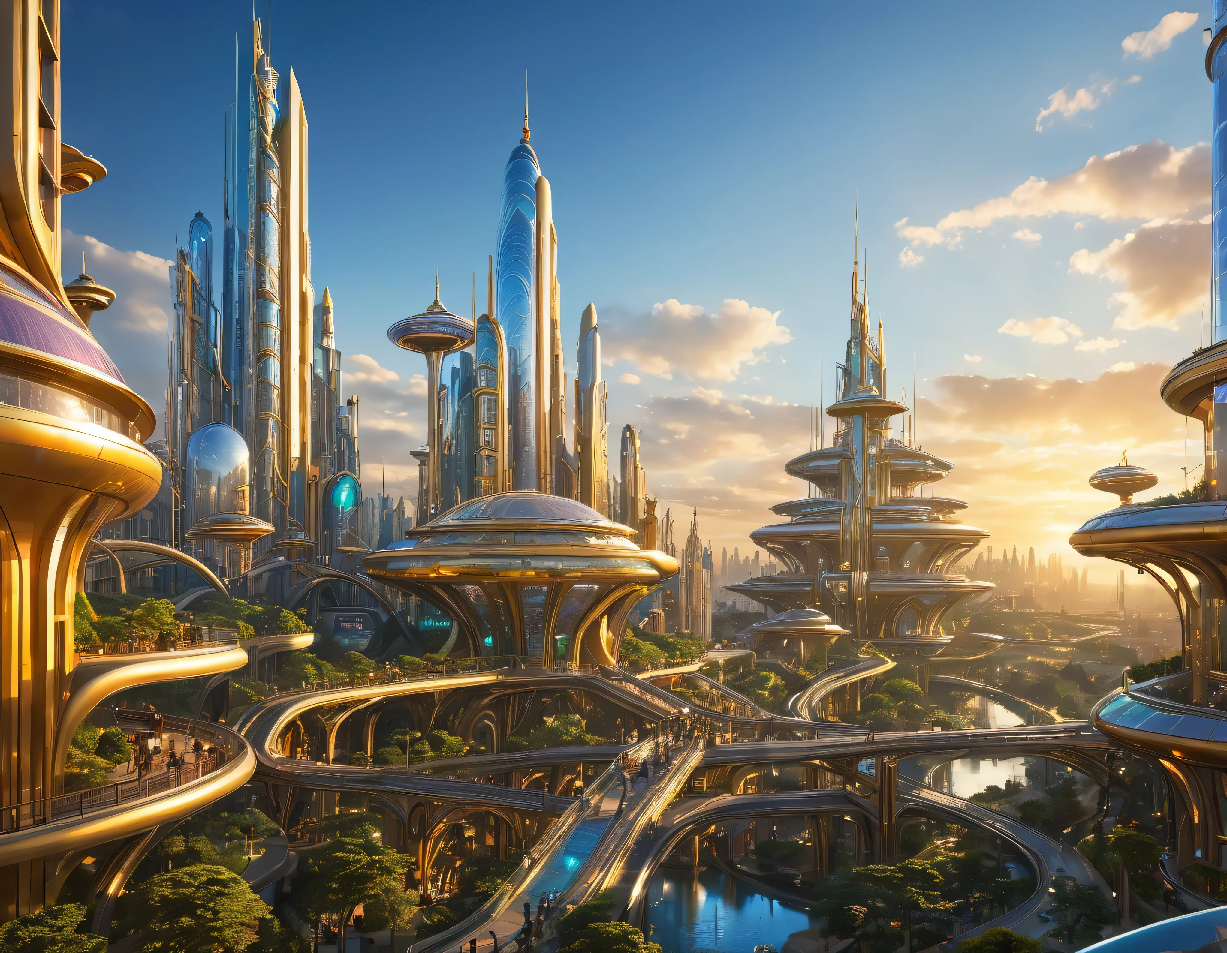 (golden hour lighting), megacity, megalopolis of an imaginary world of science fiction , parecido a una disneylandia futurista, and maximum fantasy, con inmensos edificios y rascacielos ovalados y dodecaedricos agrupados de metal y cristal donde predomina la plata y los anuncios luminosos de colores. imagen bien definida 8k, (intrincados detalles de la maquina), con muchos edificios juntos.(obra maestra de superior calidad).(imagen fotorrealista), nitidez absoluta hasta el fondo