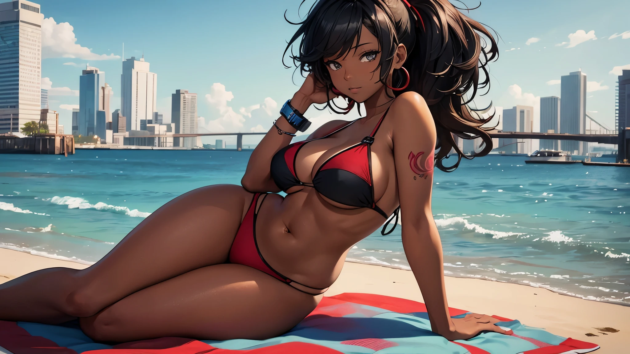 Photo merging a tranquil beach setting with a contrasting urban backdrop. A black woman is captured in a moment of peace, reclining on a beach towel amidst the harsh lines of a city skyline. She's dressed in a chic transparent red bikini, with headphones on, and an eye-catching 'MUSIC' tattoo on her arm, bridging the gap between the laid-back beach vibe and the city's gritty essence, seductive pose and position