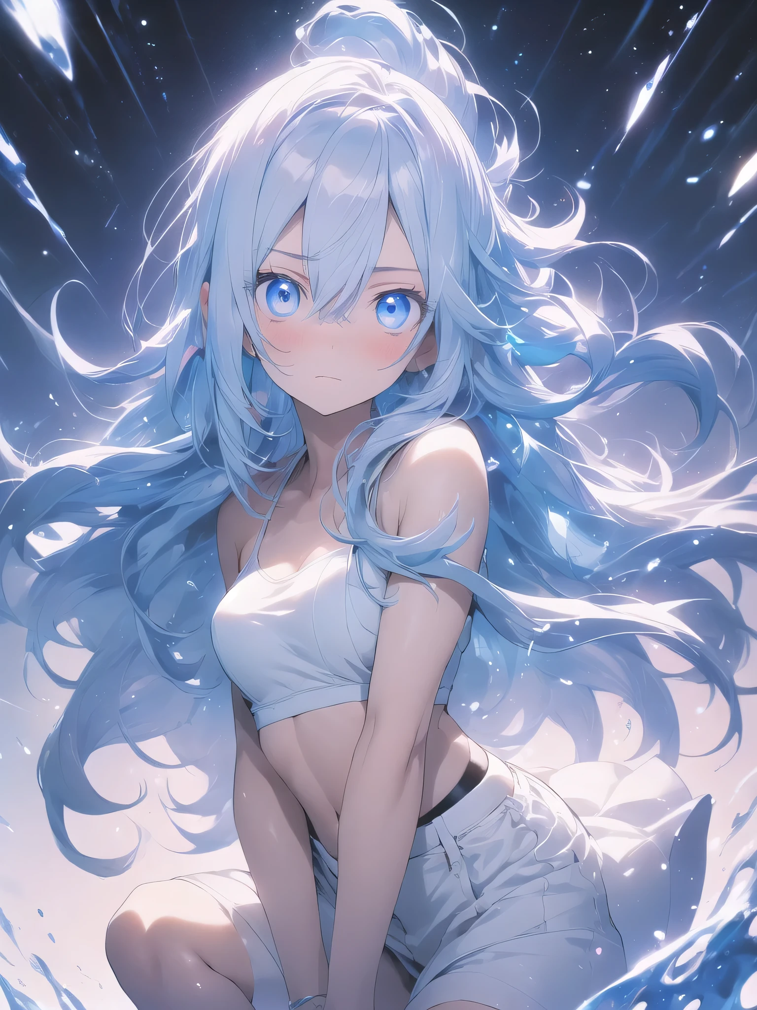 no background,white background,miyakoshikimori(1:5), miyako shikimori, long hair, blue eyes, hair between eyes, blue hair, BREAK skirt,white bikini,white bra、white pants、 壊す looking at viewer, destroy white background (masterpiece:1.2), highest quality, High resolution, unity 8k wallpaper, (shape:0.8), (fine and beautiful eyes:1.6), highly detailed face, perfect lighting, Very detailed CG, (perfect hands, perfect anatomy)、show the whole body(1:2),blush