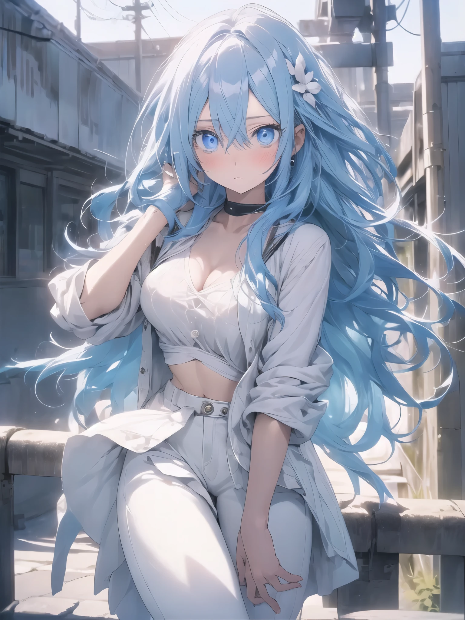 no background,white background,miyakoshikimori(1:5), miyako shikimori, long hair, blue eyes, hair between eyes, blue hair, break skirt,white bikini,white bra、white pants、 壊す looking at viewer, destroy white background (masterpiece:1.2), highest quality, High resolution, unity 8k wallpaper, (figure:0.8), (detailed and beautiful eyes:1.6), highly detailed face, perfect lighting, Very detailed CG, (perfect hands, perfect anatomy)、Show the whole body(1:2),blush