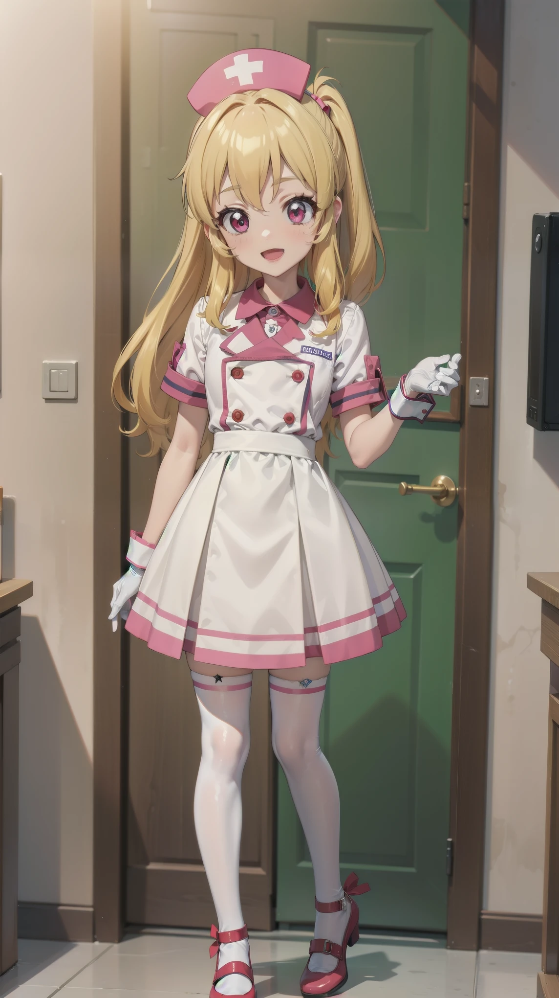 aikatsu,Blonde_HAIR,RED_HAIR_bandmasterpiece,best quality,ultra-detailed,super detailed skin,an extremely delicate and beautiful,beautiful detailed eyes,in1, side ponytail, long hair, solo, nurse, ((white nurse cap, white nurse's outfit)), ((white legwear, zettai ryouiki)), white gloves, smile, open mouth, standing, hospital room, sharp outline, short sleeves, best quality, masterpiece