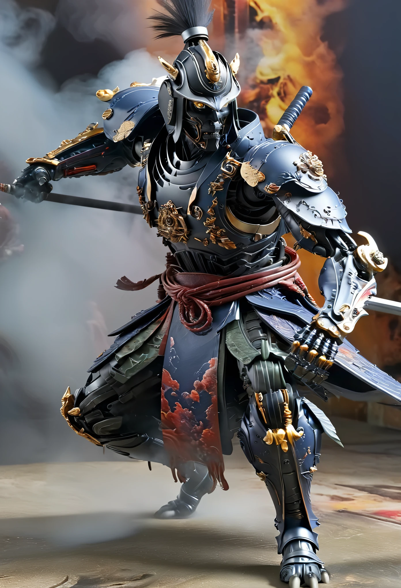 cyborg samurai like creature in action and unleashing an attack against enemies, fw murano style, plumes of jet black plumes smokes, vibrant colour blast, incredibly detailed, dark, key visuals, atmospheric, highly realistic, high detail texture, ray tracing