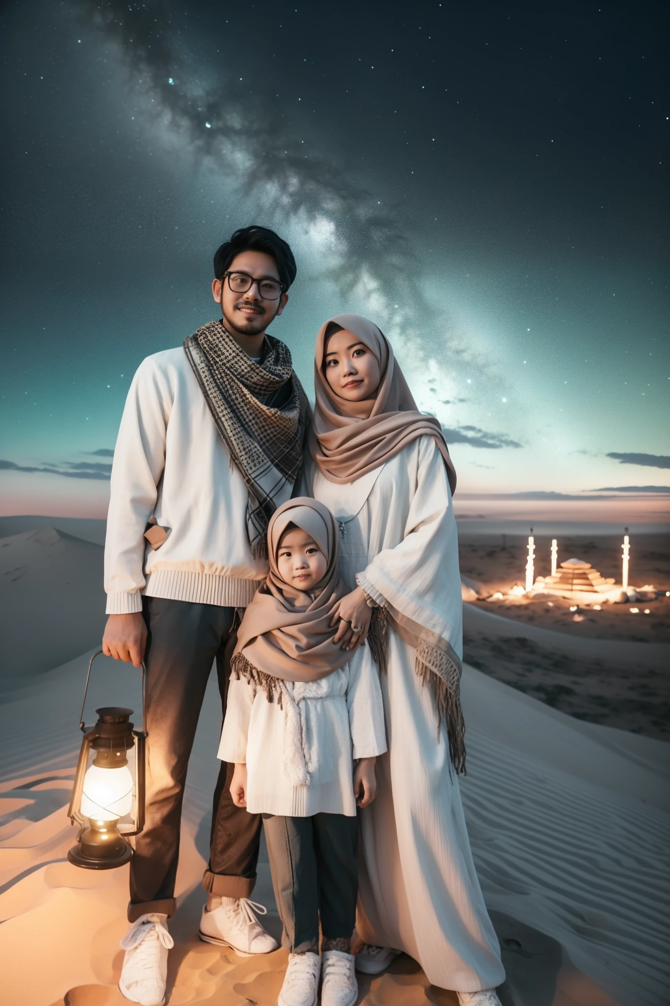 araffes and a boy pose for a picture in the desert, family portrait, happy family, stunning photoshot, in desert, at night with full moon, lonely family, husband wife and son, high quality portrait, arabian night, an indonesian family portrait, family photography, by Amir Zand, in a desert, at night with moon light