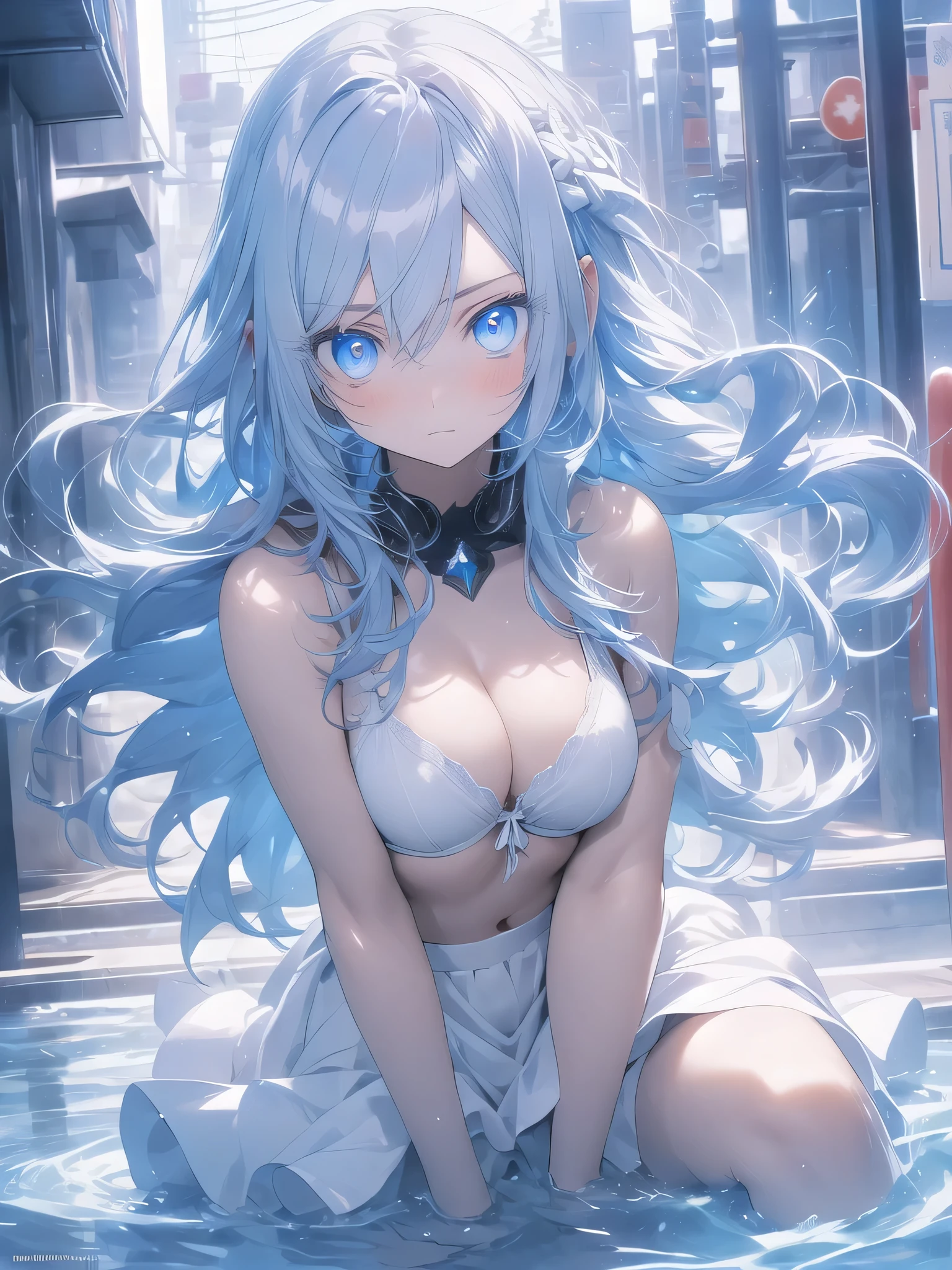 no background,white background,miyakoshikimori(1:5), miyako shikimori, long hair, blue eyes, hair between eyes, blue hair, BREAK skirt,destroy white bikini,destroy white bra、destroy white pants、 壊す looking at viewer, destroy white background (masterpiece:1.2), highest quality, High resolution, unity 8k wallpaper, (shape:0.8), (fine and beautiful eyes:1.6), highly detailed face, perfect lighting, Very detailed CG, (perfect hands, perfect anatomy)、show the whole body(1:2),blush,water magic