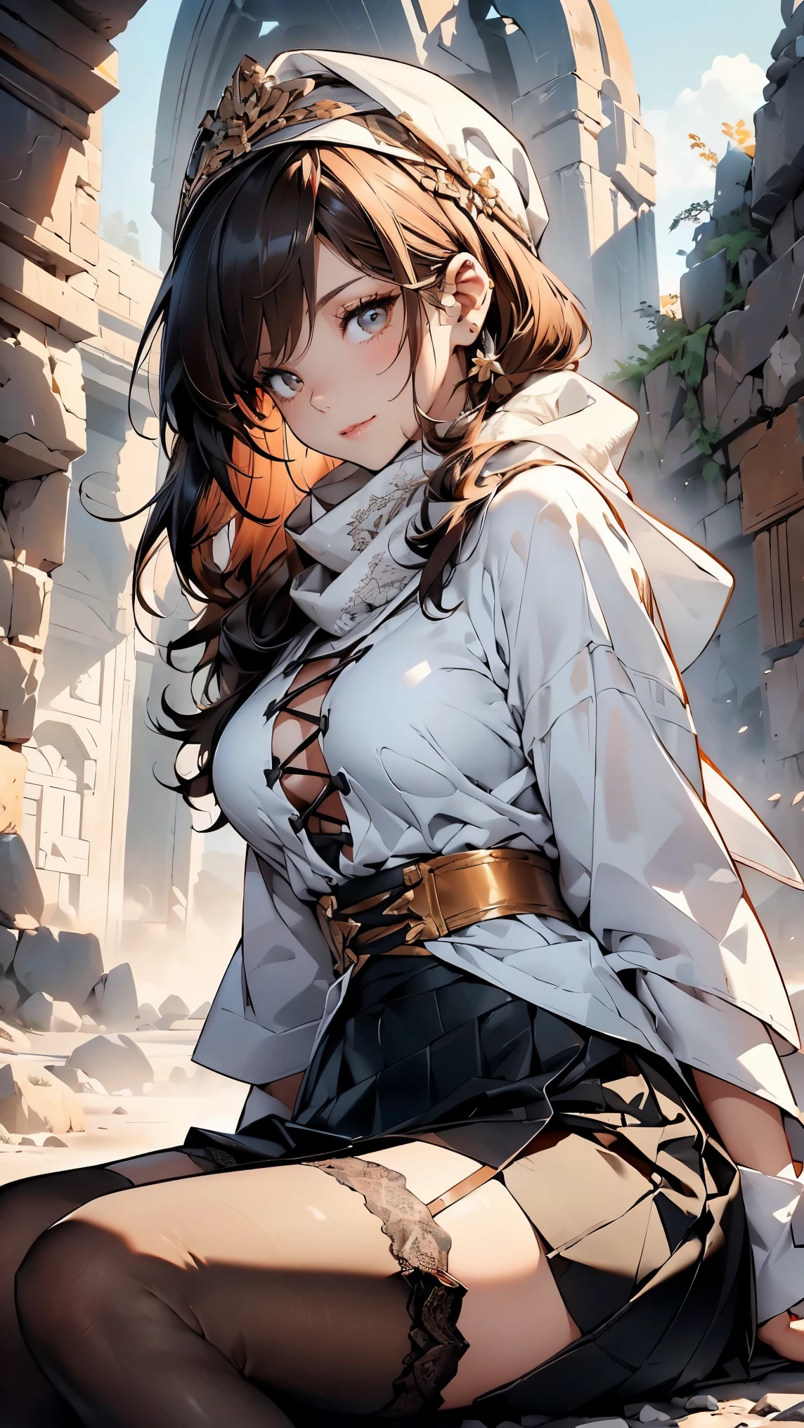 Mature woman with long black hair and white clothes, (in the rocky desert:1.5), (rest in an oasis:1.2, sit with legs spread:1.5, yoga poses, Cross-legged:1.3, indian style, in front of Arabic ruins:1.2), Arabic, (post-apocalyptic:-0.2), From Arknights, Gwaites style artwork, bodiesbian, small details. girls frontline, beautiful anime illustration, from girls frontline, by ヤン・J, amazing, 26 years old, (mature woman:1.3), (alone:1.5), (software:1.25), saggy breasts, big breasts, big breasts, thin waist, big ass, sexy and excited, (dark mahogany medium short hair, up style, hair above one eye, asymmetrical hair, curly hair, Lowtai Blade Sulman, white scarf, hair band, Today my head is, turbaned:1.2), (ultra high resolution, 8K RAW写真, photorealistic, Thin contours:1.3, clear focus), best quality, Natural light, blurred background, Depth of the bounds written, Bokeh, (bright eyes, detailed beautiful eyes, high definition face), red lips, look away, (dynamic angle:1.2, Front view:1.2, sharply focus:1.3, From above:1.1), dynamic posing, (sexy pose:1.2, leaning forward), enchanting smile, center image, (dressed with white long jacket, wearing a white robe, platinum ornaments, wrap white clothes around your waist, camel brown long leather boots:1.3, translucent lace pantyhose), ((correct anatomy:1.5)), ((outdoors:1.2, one night:1.3)),lace bra,(side lace-up skirt:1.5)