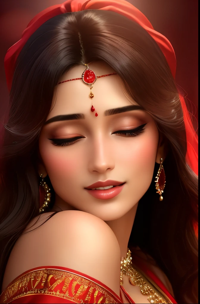 "(best quality, highres, ultra-detailed, realistic:1.37), vibrant red saree, beautiful woman, mesmerizing eyes, luscious lips, elegant pose, alluring smile, flowing hair, intricate embroidery, delicate folds, graceful movement, captivating setting, soft lighting, vibrant colors, exquisite makeup, glamorous jewelry"