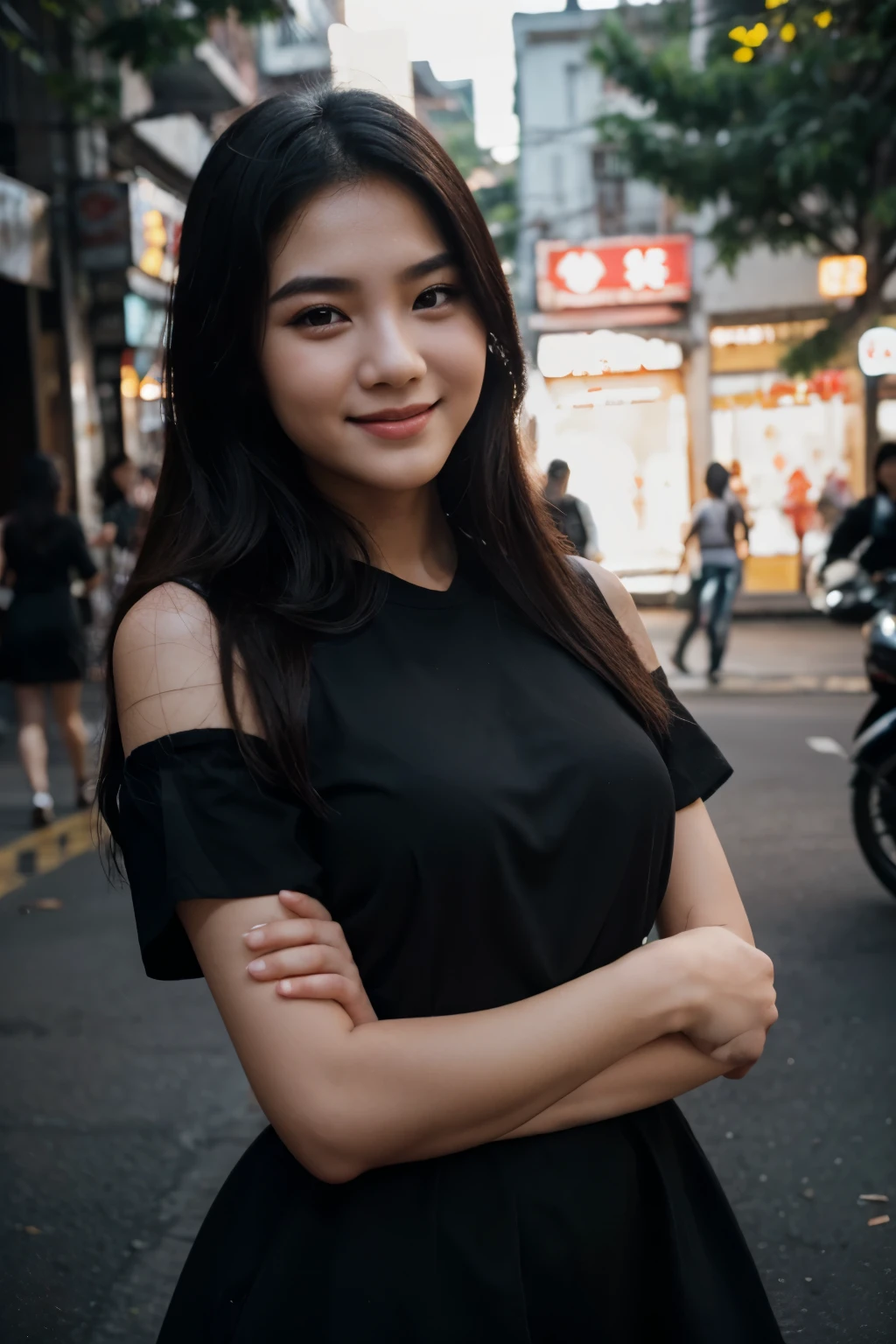 RAW photo, face portrait photo of beautiful 23 young vietnam woman, cute face, wearing black dress, happy face, hard shadows, cinematic shot, dramatic lighting