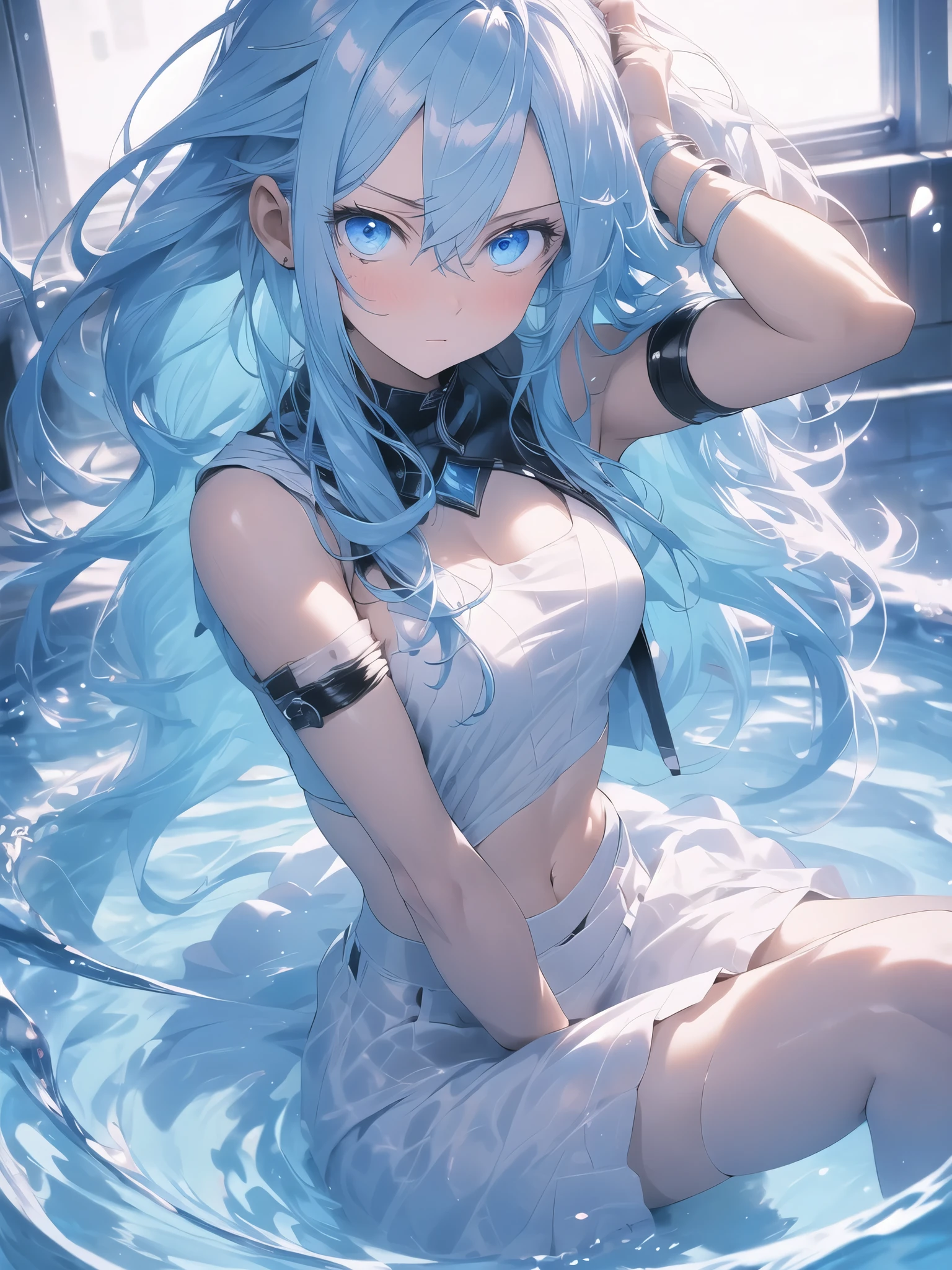 no background,white background,miyakoshikimori（1:5）, miyako shikimori, long hair, blue eyes, hair between eyes, blue hair, BREAK skirt,destroy white bikini,destroy white bra、destroy white pants,nothing jewelry,nothing accessory（1:2）,壊す looking at viewer, destroy white background (masterpiece:1.2), highest quality, High resolution, unity 8k wallpaper, (shape:0.8), (fine and beautiful eyes:1.6), highly detailed face, perfect lighting, Very detailed CG, (perfect hands, perfect anatomy)、show the whole body(1:2),blush,water magic