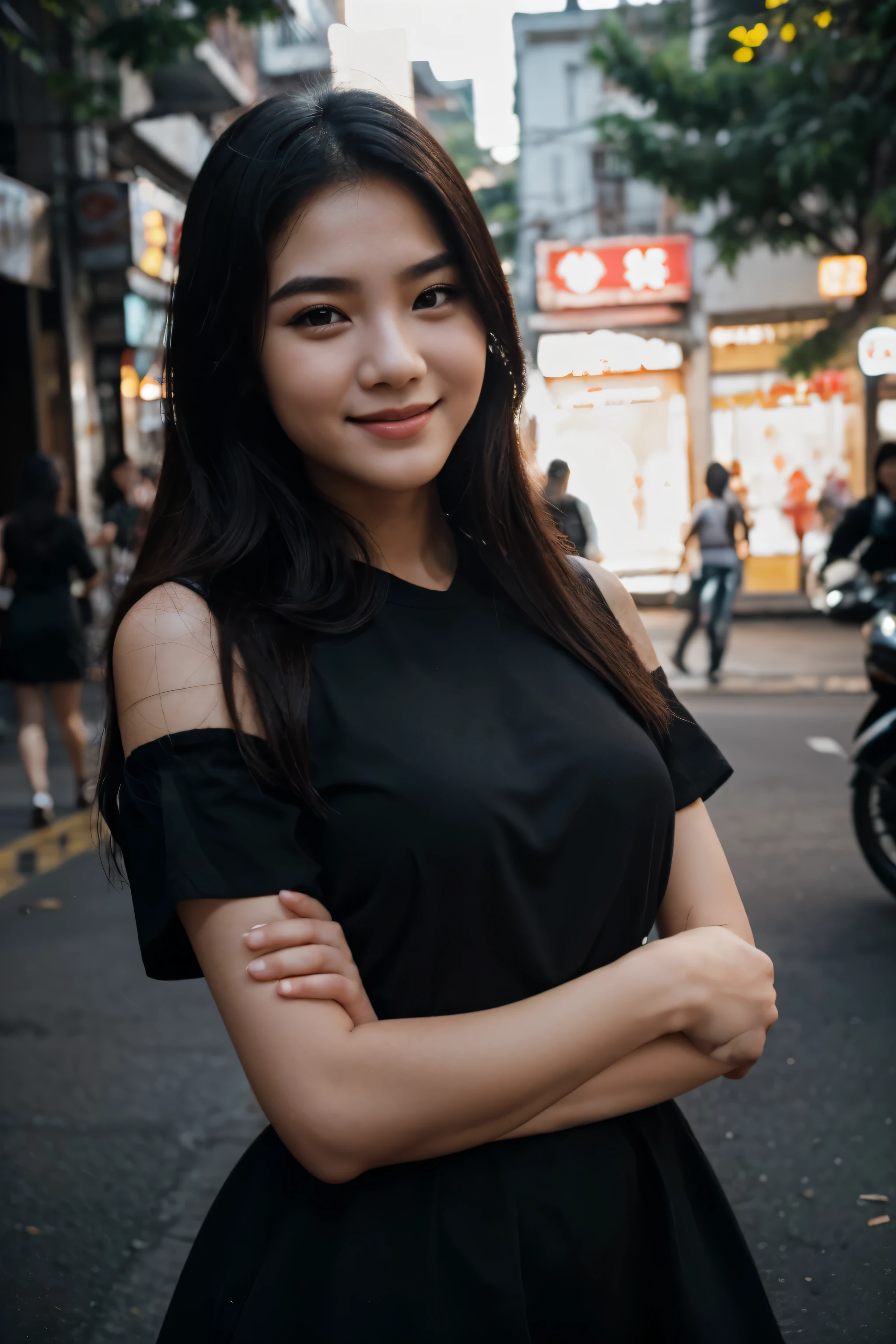 RAW photo, face portrait photo of beautiful 23 young vietnam woman, cute face, wearing black dress, happy face, hard shadows, cinematic shot, dramatic lighting