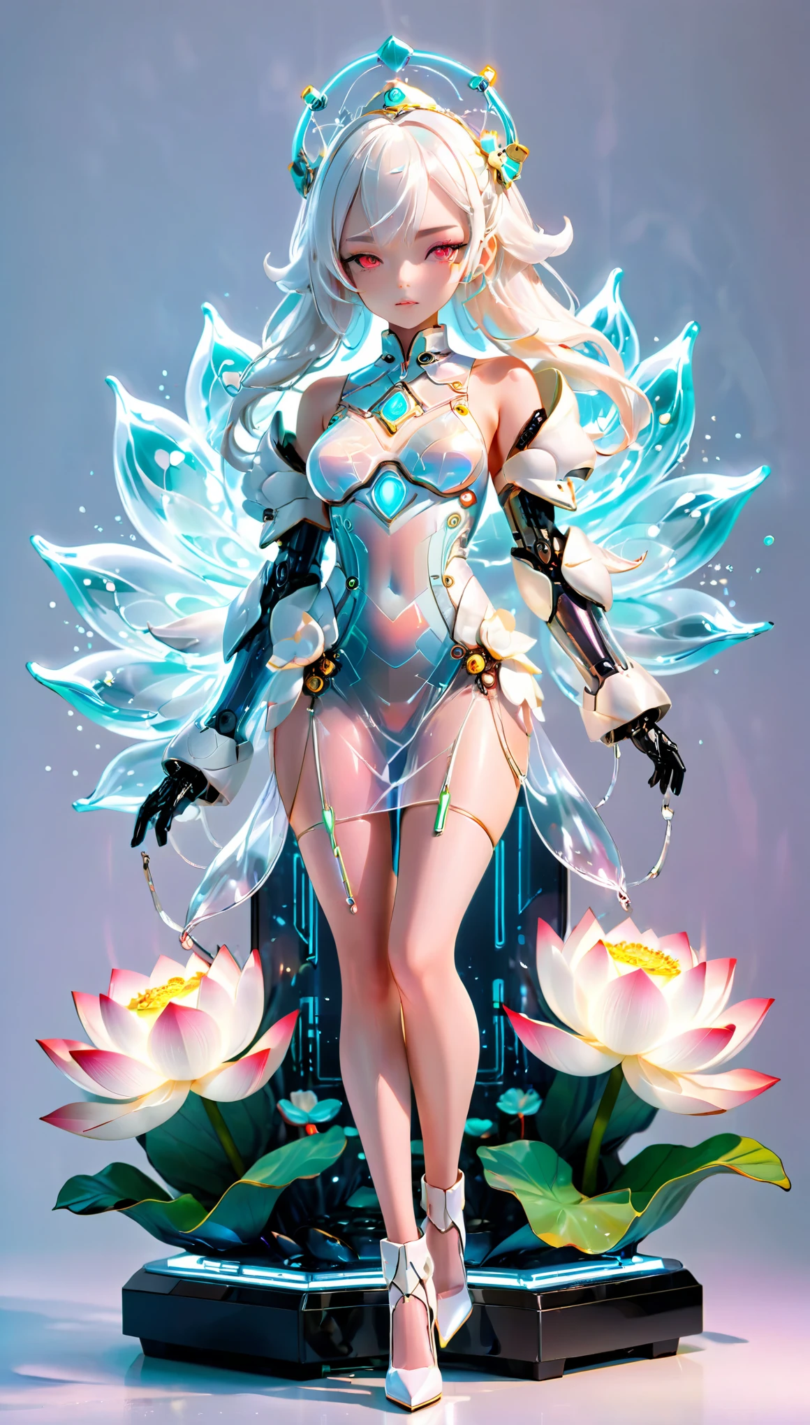 (Blind Box Spielzeug Stil:1.2),full body, solo,white background,(A female robot in a transparent White Lotus dress, wearing gloves and high heels),(Chinese color,Very colorful), Cyberpunk, Dreamy Glow, Luminous neon lamp,3D