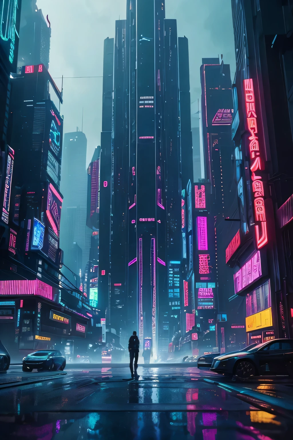 A stunning cyberpunk cityscape featuring neon lights (1.1), futuristic architecture (1.05), android companions (1.05), rain-soaked streets (1.08), hovering vehicles (1.05), mystical energy sources (1.1), otherworldly reflections (1.05), mind-bending color schemes (1.1), an epic cyberpunk atmosphere (1.08), 8k resolution for exceptional details (1.1), unforgettable cyberpunk vibes (1.08), cinematic lighting effects (1.1), dystopian undertones (1.05), urban decay (1.05), rainbow holograms (1.08), and an astonishing cyberpunk concept (1.1),4k, imax quality