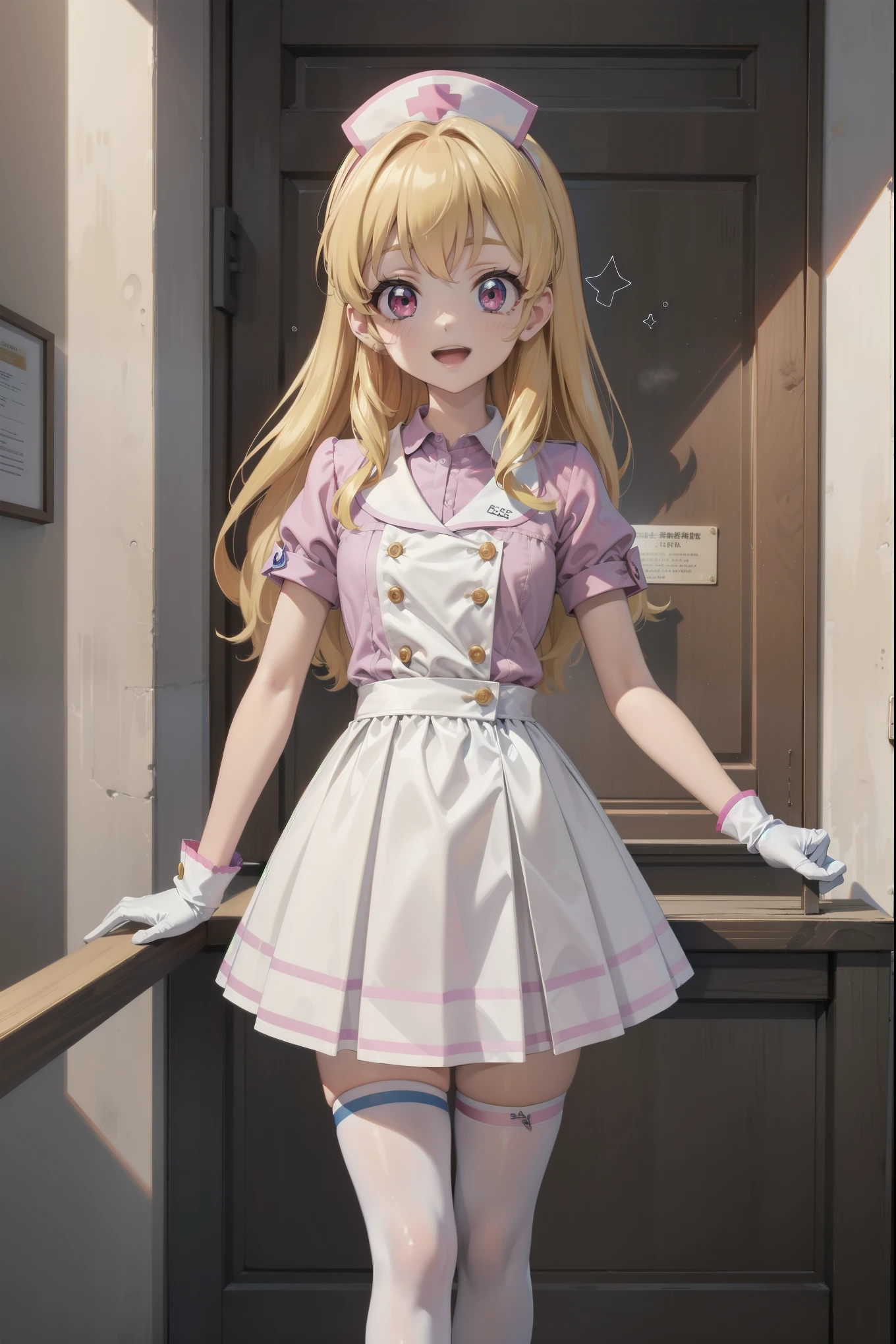 aikatsu,Blonde_HAIR,RED_HAIR_bandmasterpiece,best quality,ultra-detailed,super detailed skin,an extremely delicate and beautiful,beautiful detailed eyes,in1, side ponytail, long hair, solo, nurse, ((white nurse cap, white nurse's outfit)), ((white legwear, zettai ryouiki)), white gloves, smile, open mouth, standing, hospital room, sharp outline, short sleeves, best quality, masterpiece