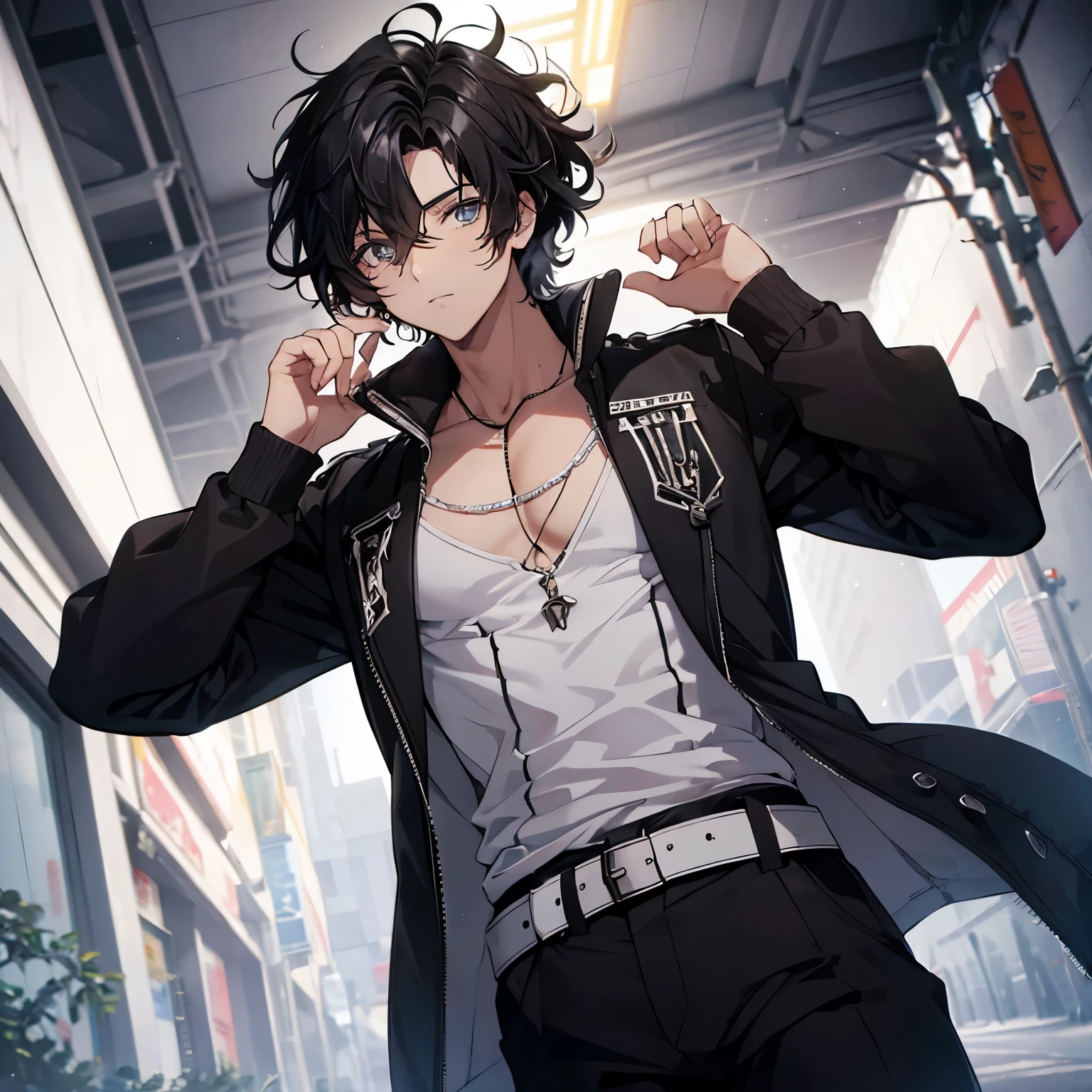 BOY with curly, messy black hair with white streaks and light eyes (solo la parte superior del cuerpo)