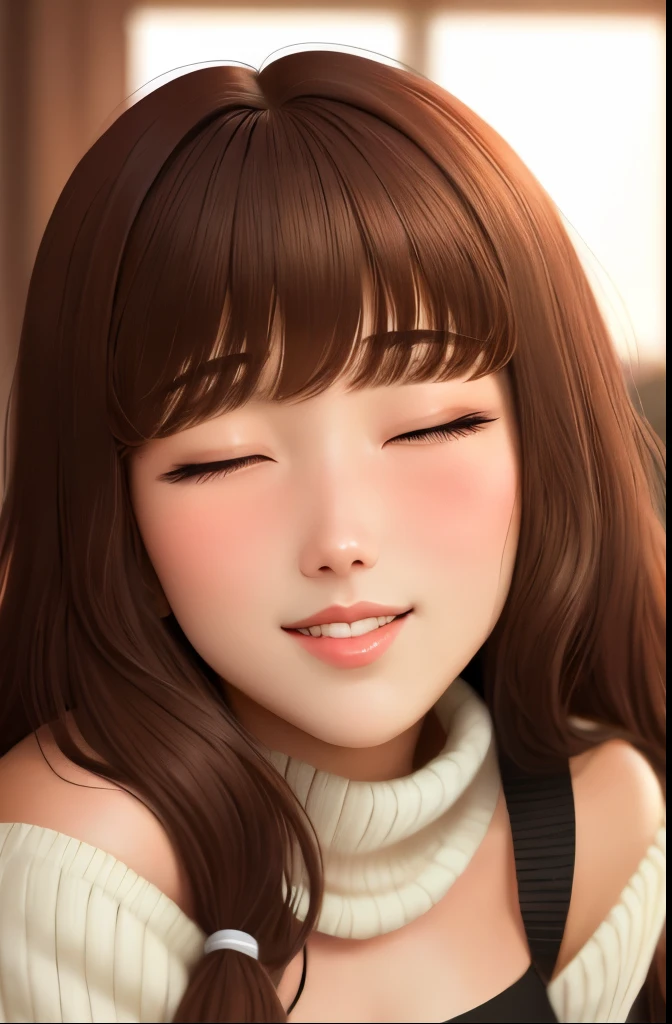 Sexy and cute woman, brown bangs, seductive gaze, blushing intensely, smiling, parted lips, oversized sweater, bare shoulders