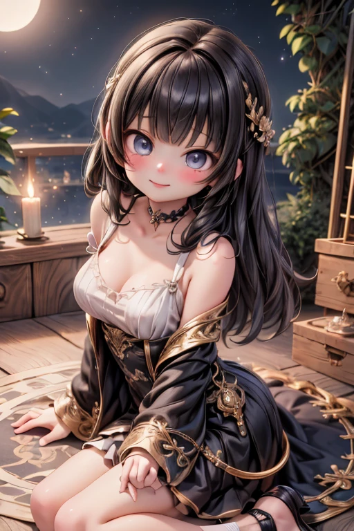 masterpiece, best quality, absurdress, a cute sorceress smiling, coming oput from a magic circle, ((at night)), 