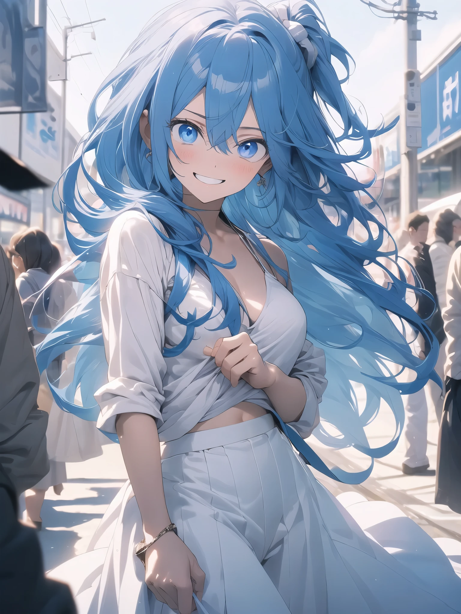 no background,white background,miyakoshikimori（1:5）, miyako shikimori, long hair, blue eyes, hair between eyes, blue hair, BREAK skirt,destroy white bikini,destroy white bra、destroy white pants,nothing jewelry,nothing accessory（1:2）,壊す looking at viewer, destroy white background (masterpiece:1.2), highest quality, High resolution, unity 8k wallpaper, (shape:0.8), (fine and beautiful eyes:1.6), highly detailed face, perfect lighting, Very detailed CG, (perfect hands, perfect anatomy)、show the whole body(1:2),blush,smile、smile、open your mouth