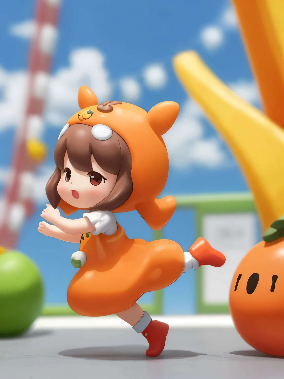 blindbox、Chibi girl acting on stage、wearing a cute fruit costume、action、jump、Take a photo from the side