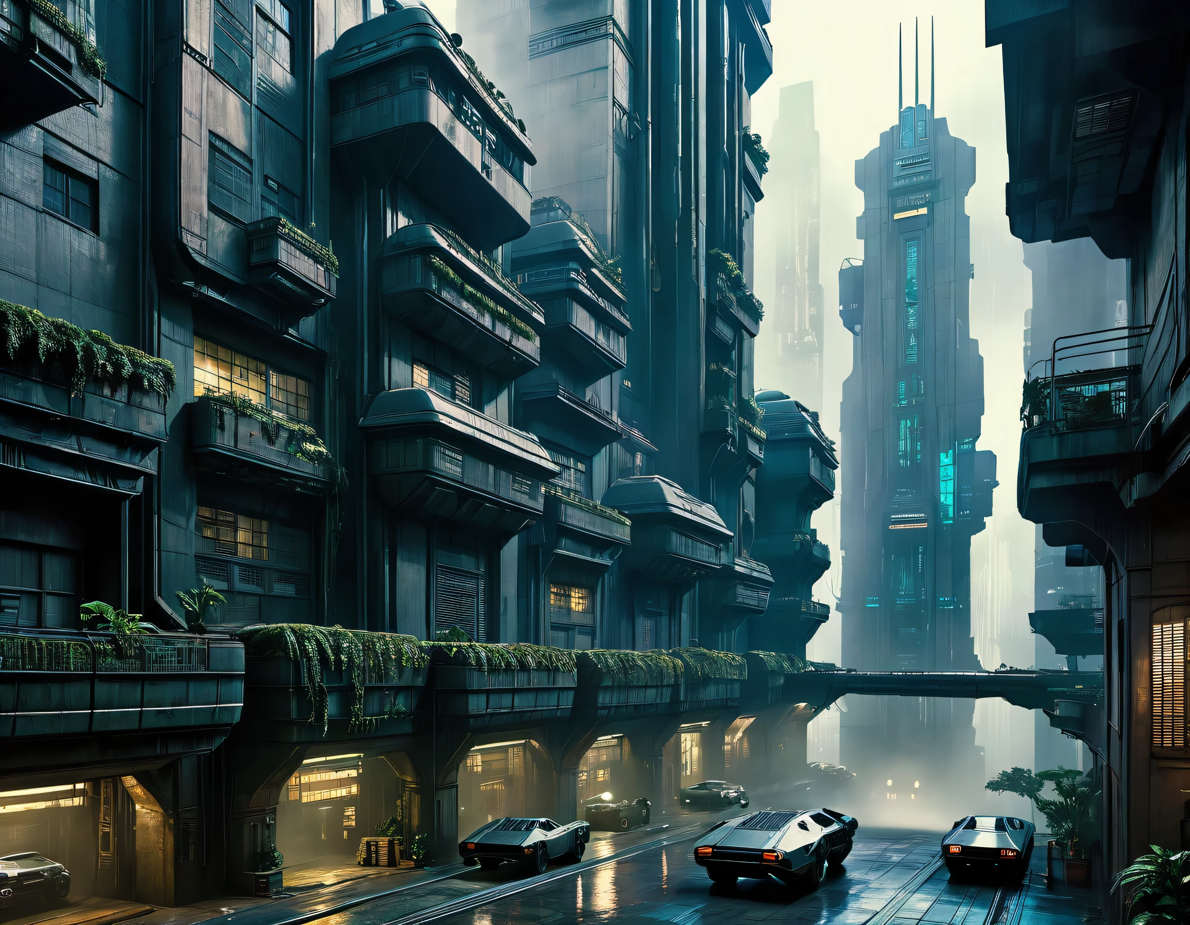 imagen de blade runner donde se aprecia el edificio tyrell corporation , calles adyacentes y pistas de naves- coches volando, en ambiente cyberpunk y futurista, obra maestra , detalles intrincados de la maquina , 8k.