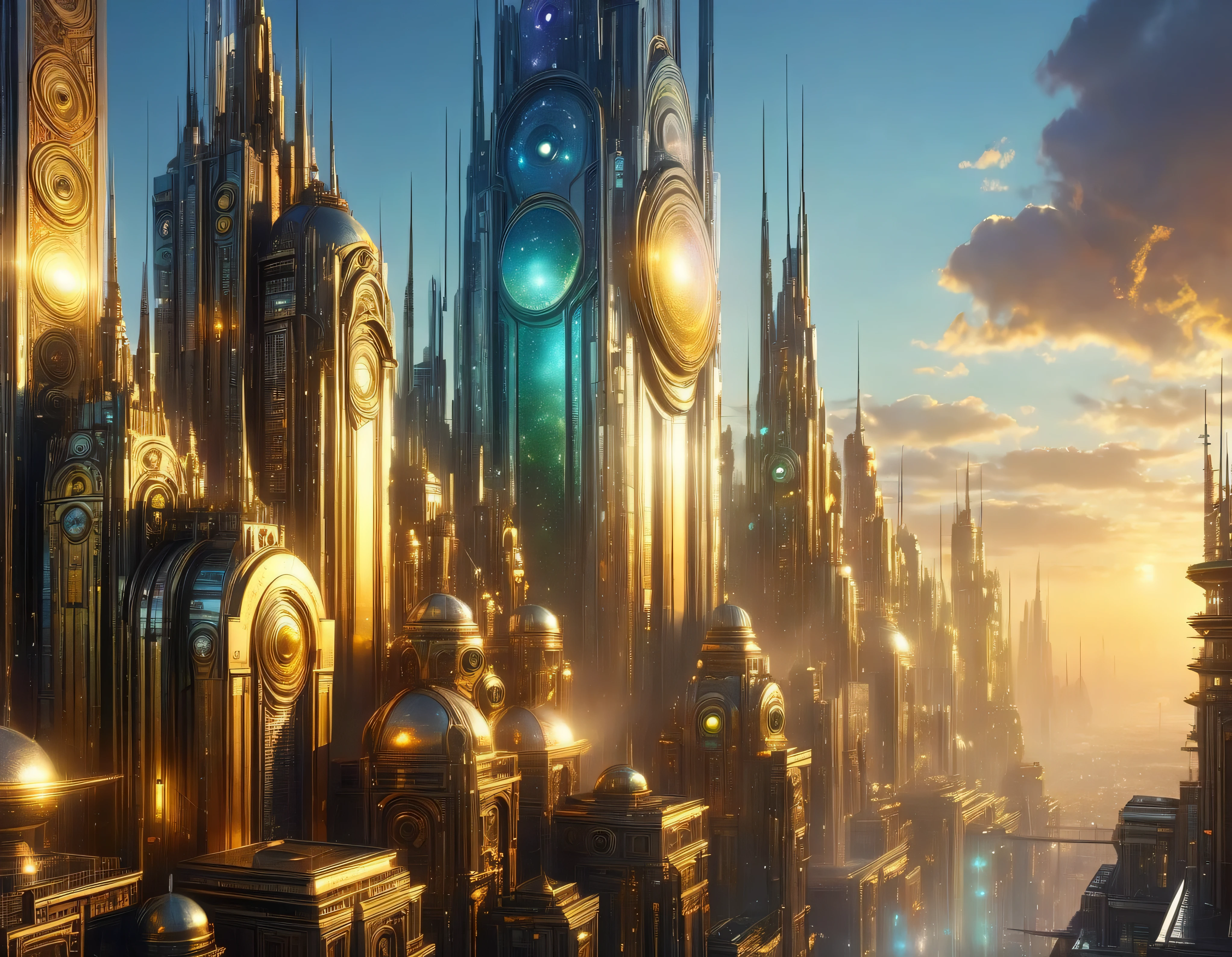 (golden hour lighting), megacity, megalopolis of an imaginary world of science fiction , parecido a una disneylandia futurista, and maximum fantasy, con inmensos edificios y rascacielos ovalados y dodecaedricos agrupados de metal y cristal donde predomina la plata y los anuncios luminosos de colores. imagen bien definida 8k, (intrincados detalles de la maquina), con muchos edificios juntos.(obra maestra de superior calidad).(imagen fotorrealista), nitidez absoluta hasta el fondo