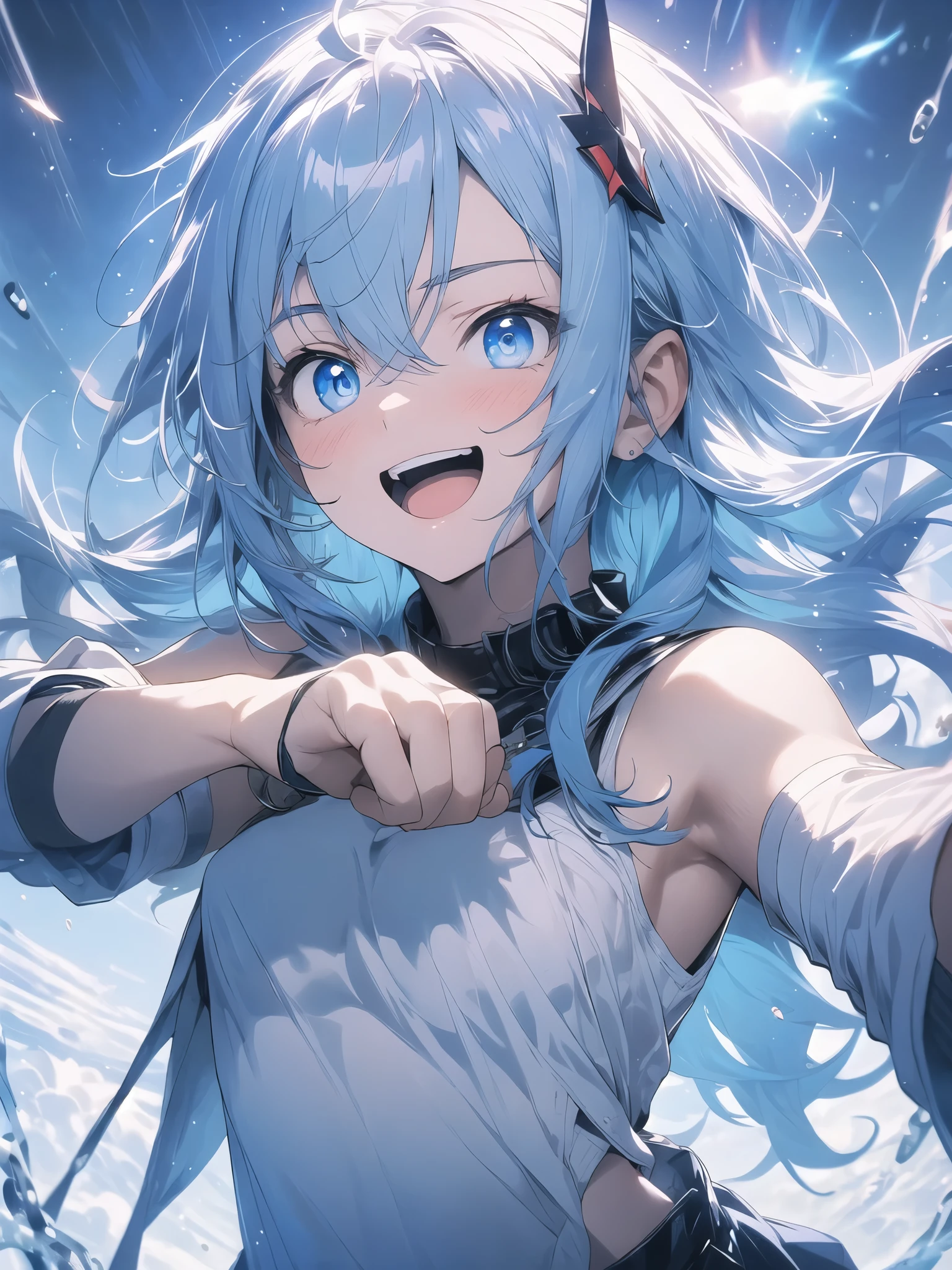 no background,white background,miyakoshikimori(1:5), miyako shikimori, long hair, blue eyes, hair between eyes, blue hair, BREAK skirt,destroy white bikini,destroy white bra、white underwear,nothing jewelry,nothing accessory(1:2),壊す looking at viewer, destroy white background (masterpiece:1.2), highest quality, High resolution, unity 8k wallpaper, (shape:0.8), (fine and beautiful eyes:1.6), highly detailed face, perfect lighting, Very detailed CG, (perfect hands, perfect anatomy)、show the whole body(1:2),blush,smile、smile、open your mouth