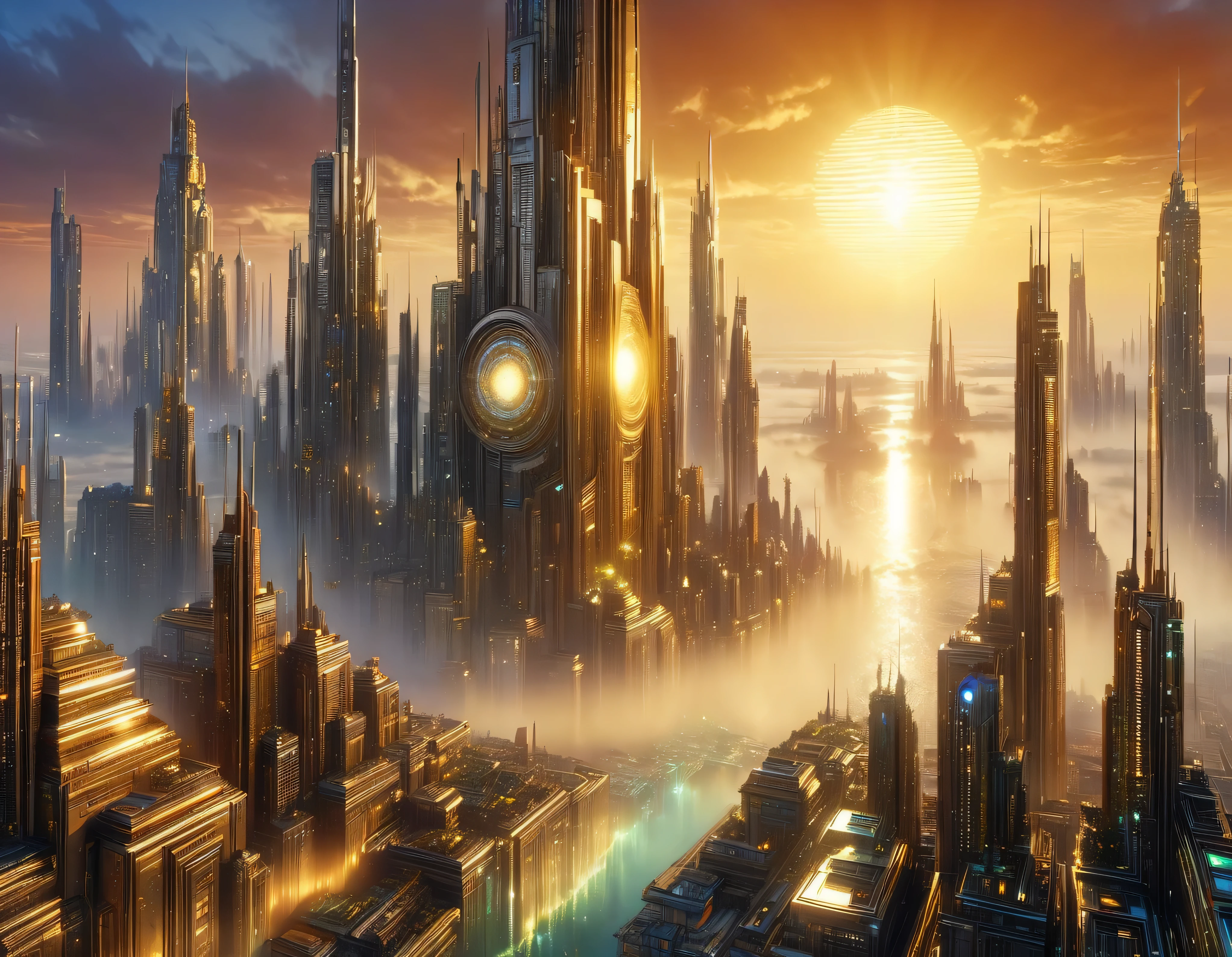 (golden hour lighting), megacity, megalopolis of an imaginary world of science fiction , parecido a una disneylandia futurista, and maximum fantasy, con inmensos edificios y rascacielos ovalados y dodecaedricos agrupados de metal y cristal donde predomina la plata y los anuncios luminosos de colores. imagen bien definida 8k, (intrincados detalles de la maquina), con muchos edificios juntos.(obra maestra de superior calidad).(imagen fotorrealista), nitidez absoluta hasta el fondo