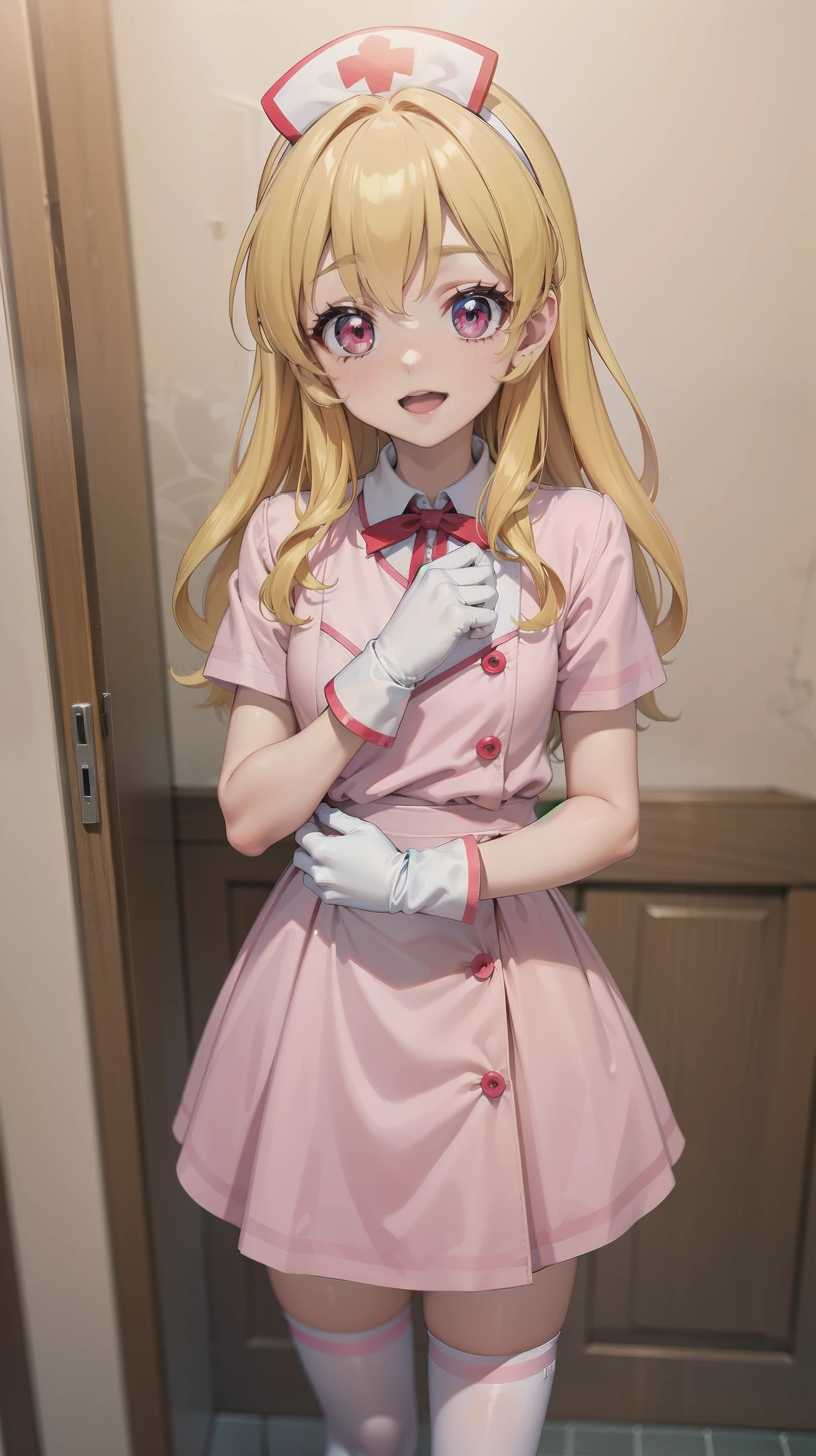 aikatsu,Blonde_HAIR,RED_HAIR_bandmasterpiece,best quality,ultra-detailed,super detailed skin,an extremely delicate and beautiful,beautiful detailed eyes,in1, long hair, solo, nurse, ((white nurse cap, white nurse's outfit)), ((white legwear, zettai ryouiki)), white gloves, smile, open mouth, standing, hospital room, sharp outline, short sleeves, best quality, masterpiece
