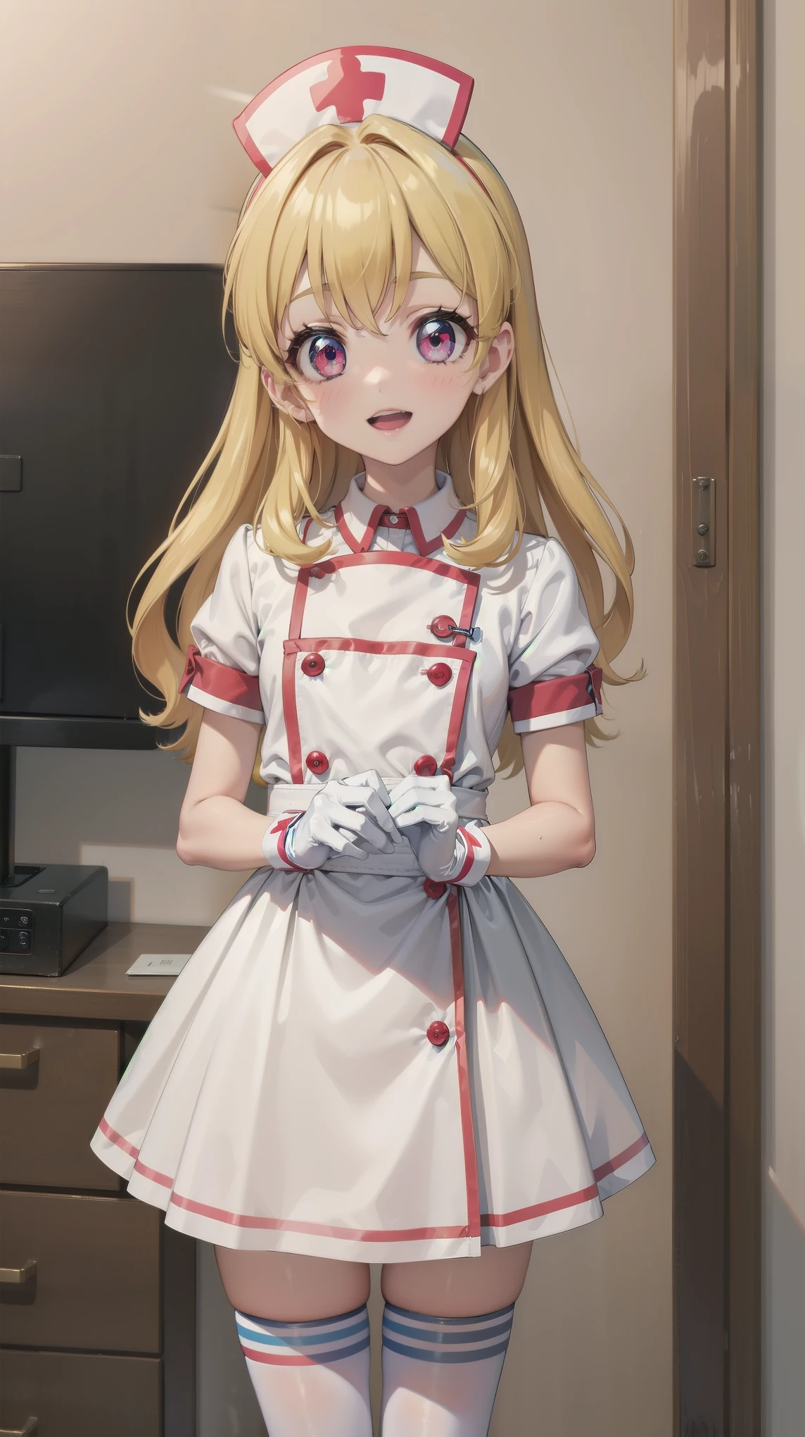 aikatsu,Blonde_HAIR,RED_HAIR_bandmasterpiece,best quality,ultra-detailed,super detailed skin,an extremely delicate and beautiful,beautiful detailed eyes,in1, long hair, solo, nurse, ((white nurse cap, white nurse's outfit)), ((white legwear, zettai ryouiki)), white gloves, smile, open mouth, standing, hospital room, sharp outline, short sleeves, best quality, masterpiece