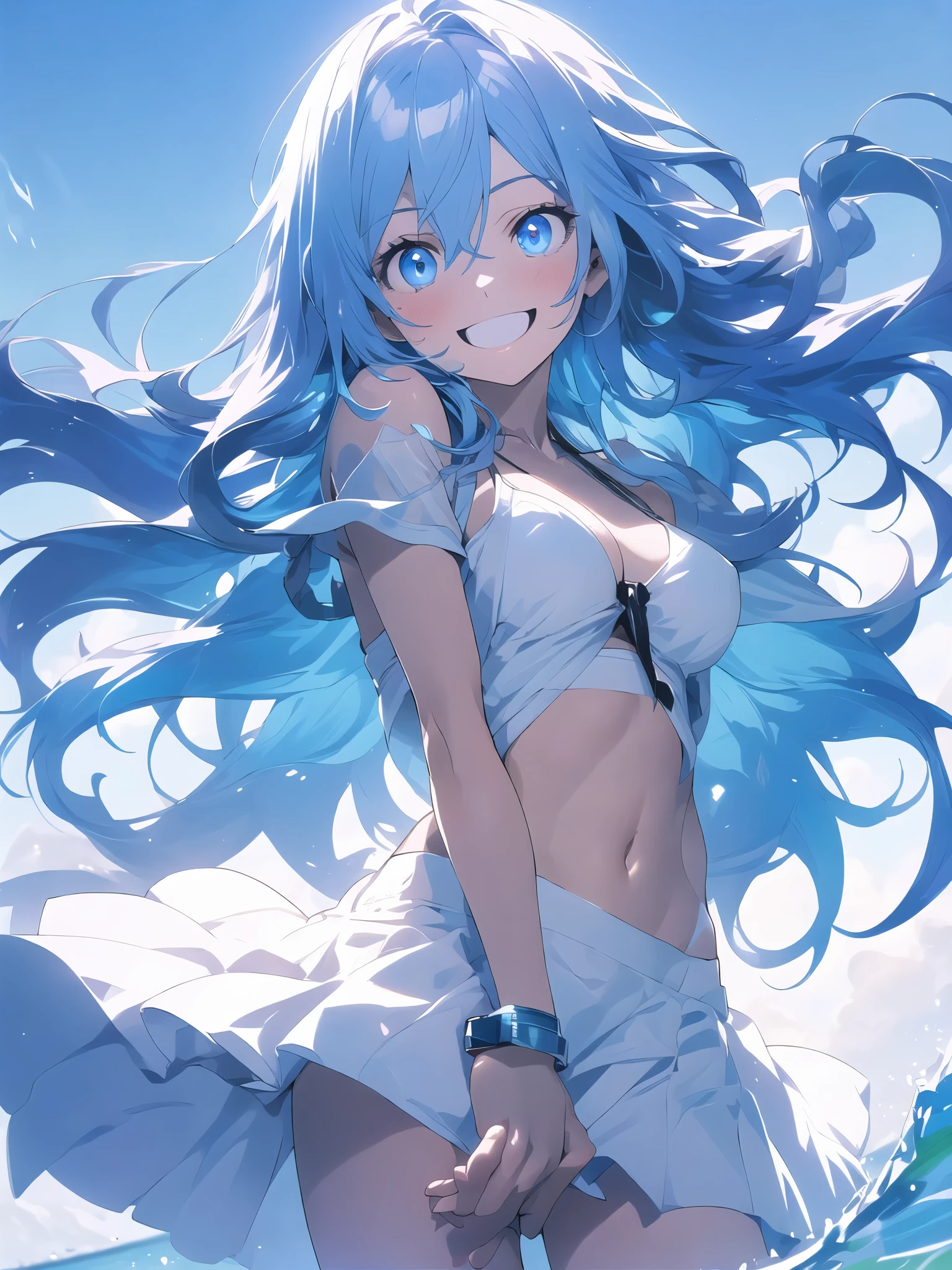 no background,white background,miyakoshikimori（1:5）, miyako shikimori, long hair, blue eyes, hair between eyes, blue hair, BREAK skirt,destroy white bikini,destroy white bra、white underwear,nothing jewelry,nothing accessory（1:2）,壊す looking at viewer, destroy white background (masterpiece:1.2), highest quality, High resolution, unity 8k wallpaper, (shape:0.8), (fine and beautiful eyes:1.6), highly detailed face, perfect lighting, Very detailed CG, (perfect hands, perfect anatomy)、show the whole body(1:2),blush,smile、smile、open your mouth