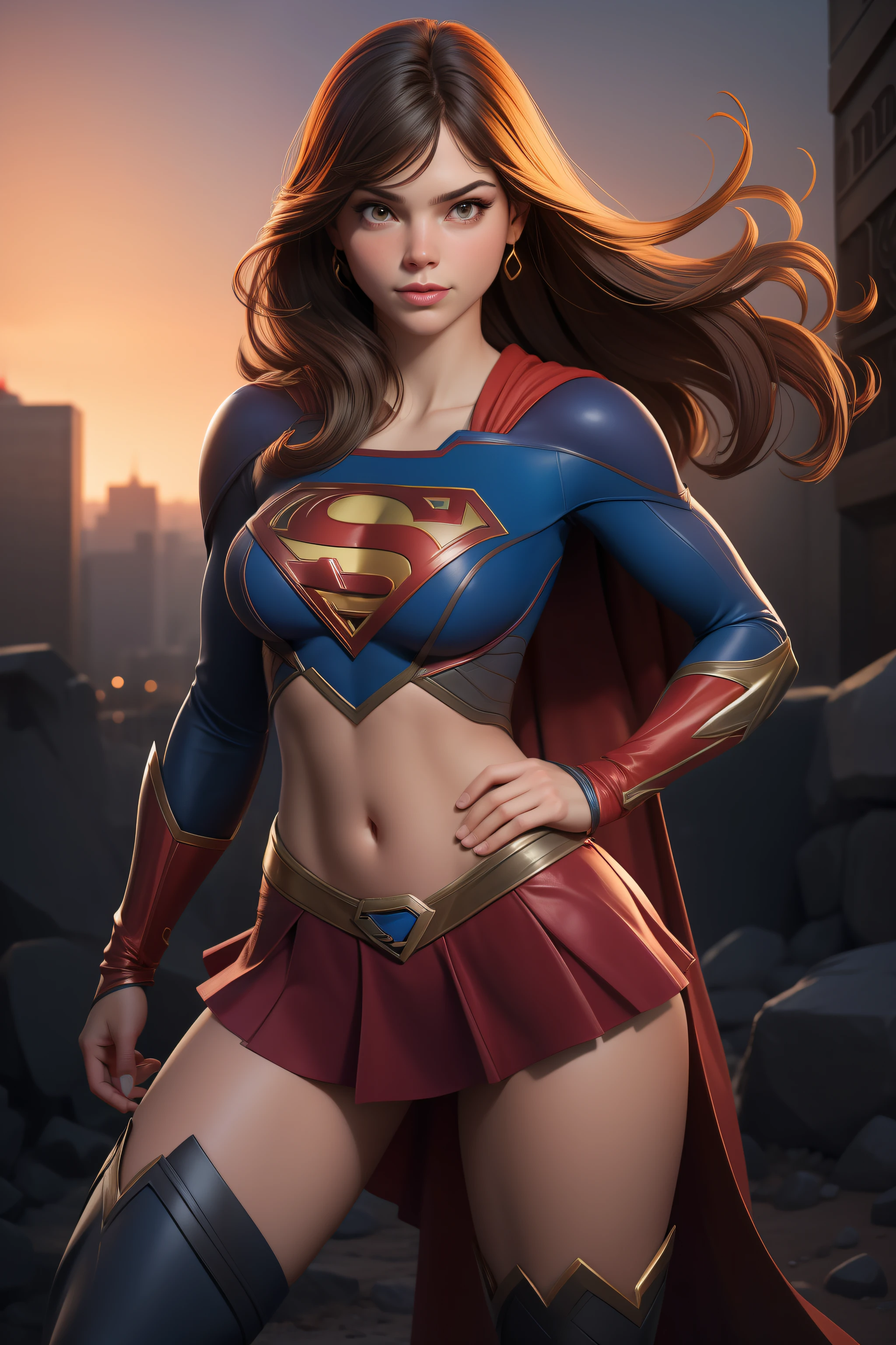 supergirl forte, rosto lindo, imponente, capa ao vento, DC Comics, Dan Jurgens, corpo inteiro, pose sexy, brasileira Paolla Oliveira, corpo inteiro, botas vermelhas longas de couro