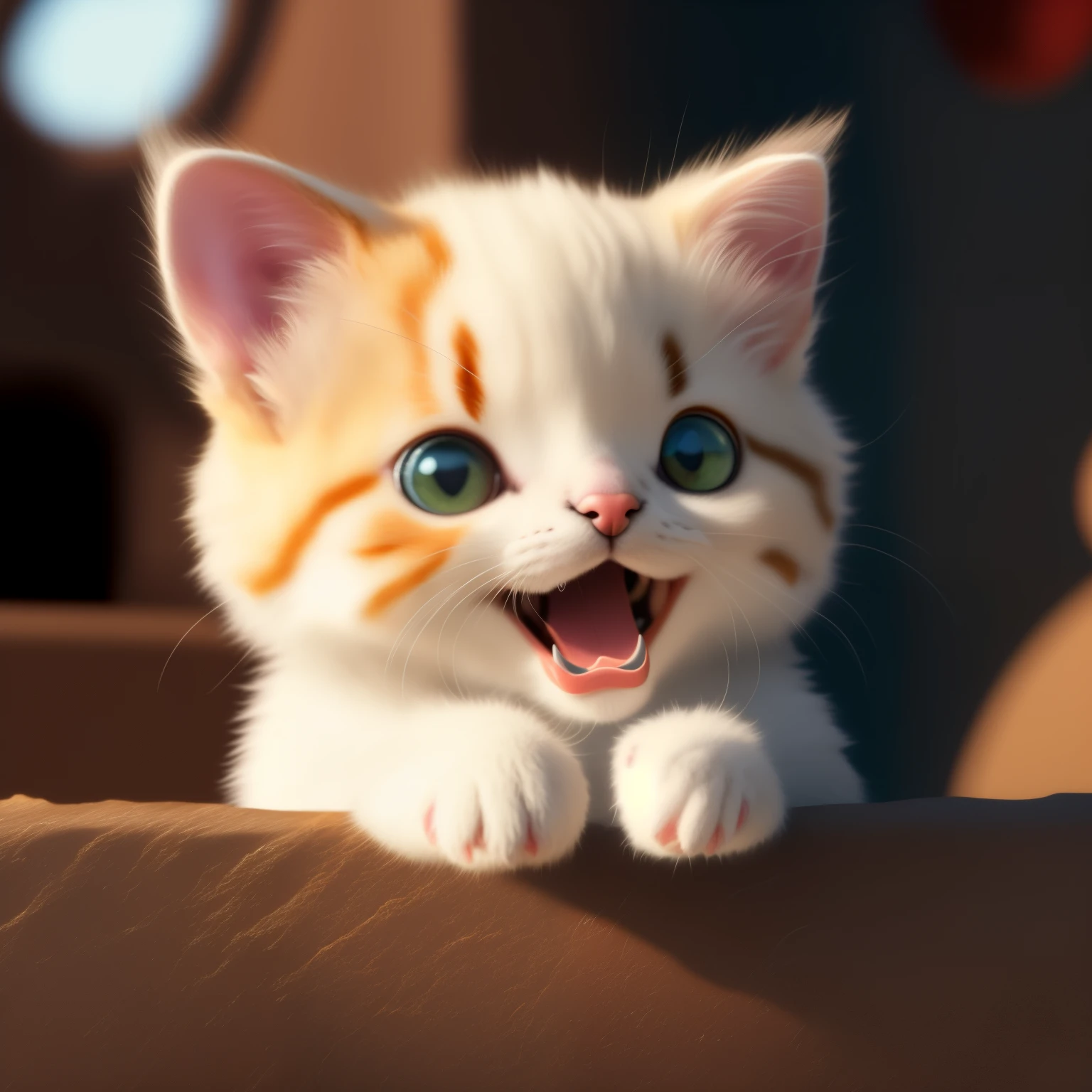 There is a kitten driving a spaceship, cute digital painting, cute detailed digital art, cute digital art, cute cat, cute kitten, cute 3d rendering, smiley face, happy cat, cutest kitten ever, a cute cat, cute! C4D, Smiling Cat, Disney's Bambi Cat, a cute kitten, cute cartoon character