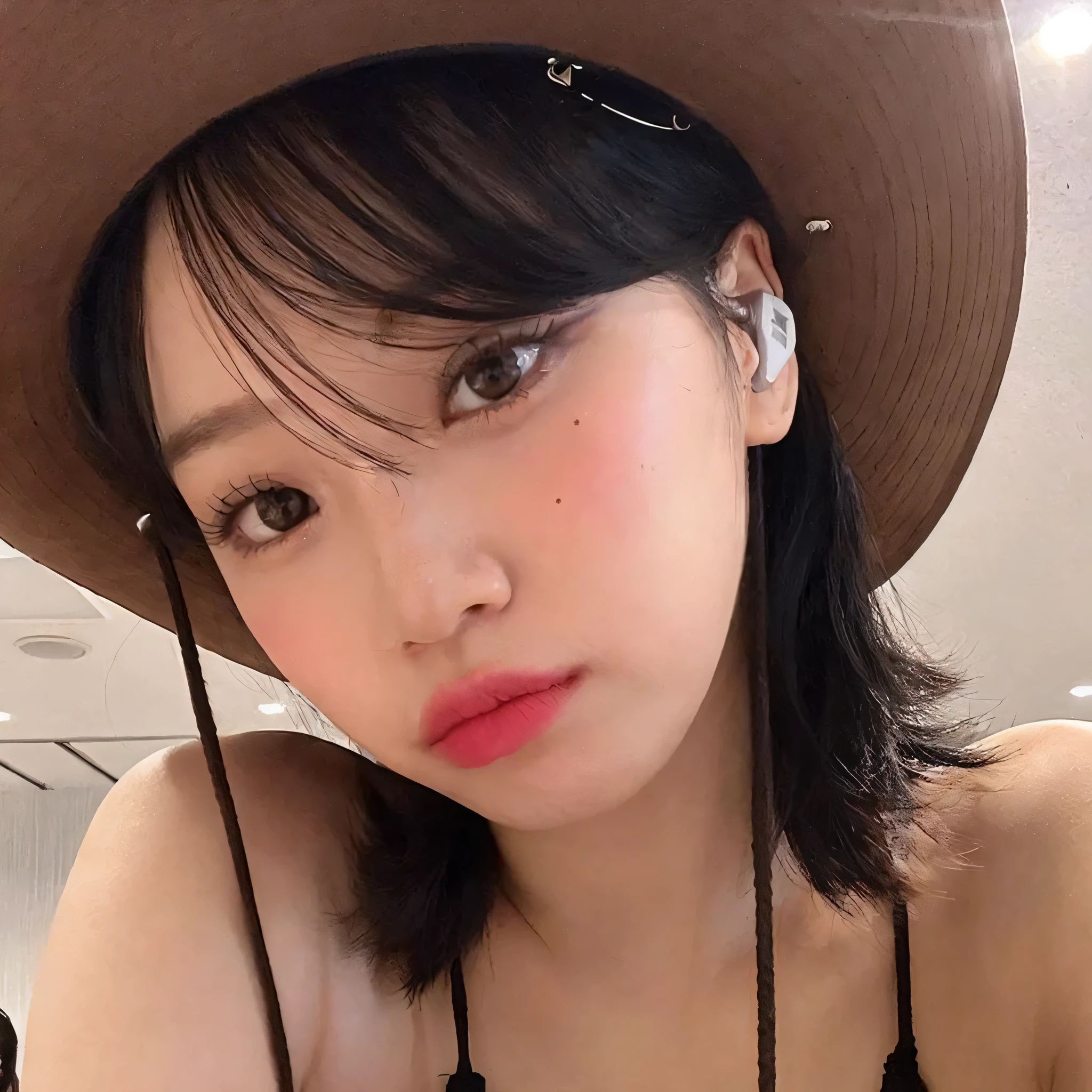 there is a woman wearing a hat and necklace with a cell phone in her hand, Sun Yunjoo, with straw hat, Yoshitomo Nara, Shikami, com cara fofa - linda, Chiho, Jinyoung Shin, Sha Xi, Heonhwa Choe, Ulzzang, Xintong Chen, Sakimichan