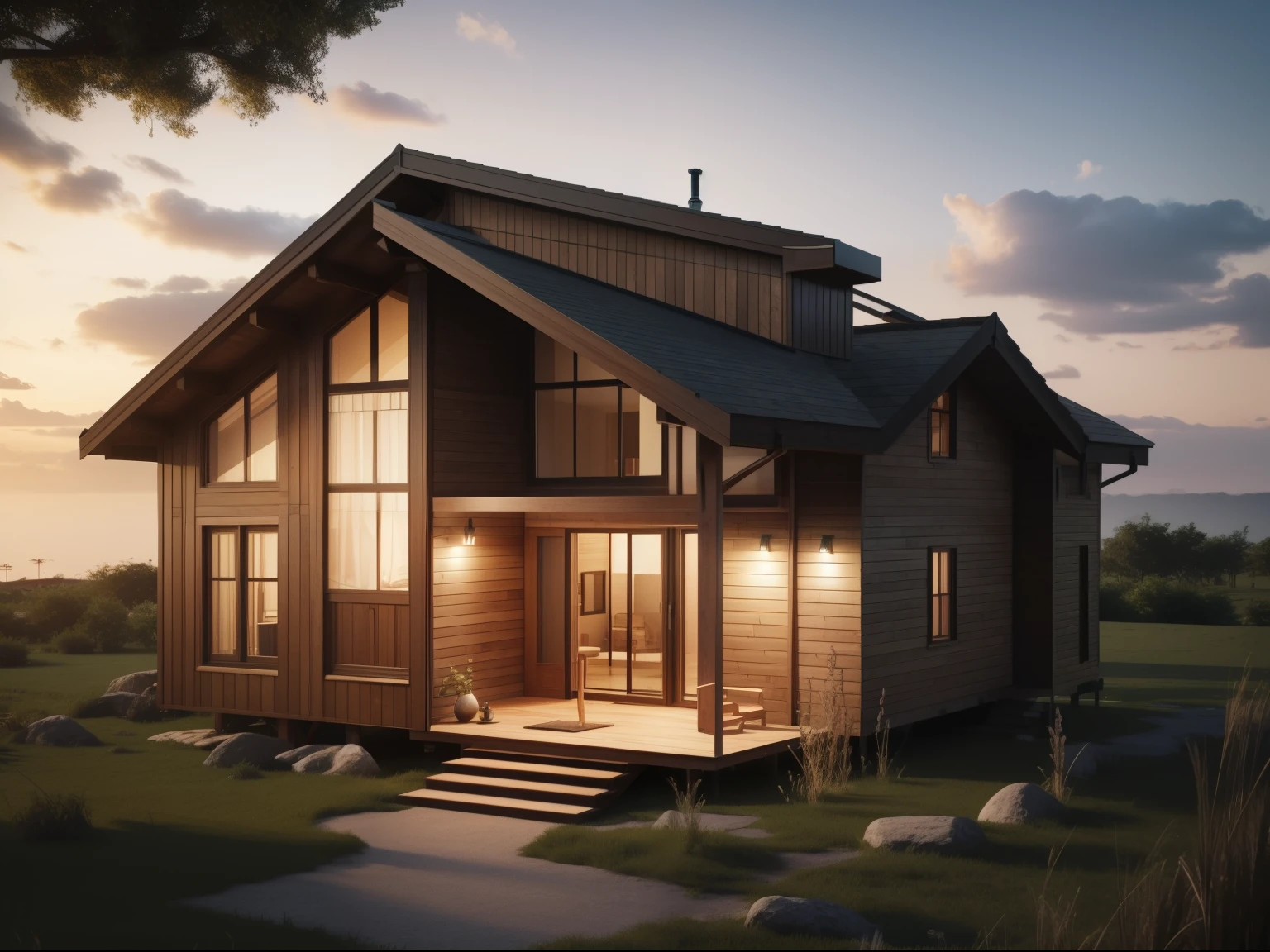 rendering of a small house with a porch and covered veranda, Jokes, luxurious Wooden cottage, wooden house, 3D rendering, 3D rendering, 3D model, 3D model, 3 / 4 views, 3/4 views, foreground, dramatic front view, Wooden cottage, pre-rendered, 3D rendering, Conceptual house, interdimensional villa