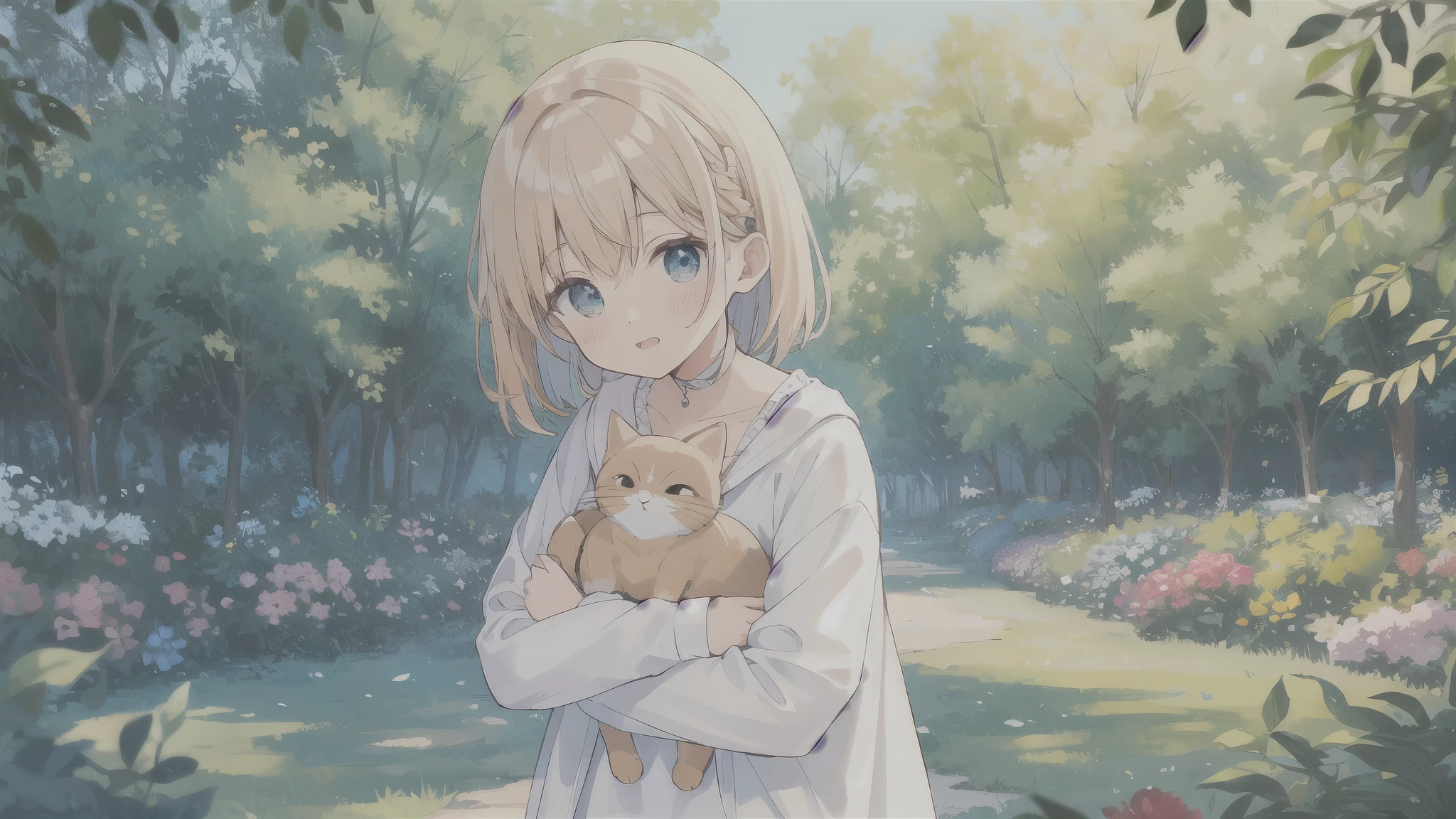 1 chica, solo, Mejor calidad, ultra detallado, , (feliz:1.4), Ojos cerrados,
cabello rosado, pelo medio, mirando hacia otro lado,
desde el frente, desde abajo, retrato, hugging the brown kitten, \(gatito tiene la boca cerrada\),
vestido blanco, cinta azul, mangas largas, de pie,
En el bosque, Flower garden, warm sunlight filtering through the trees