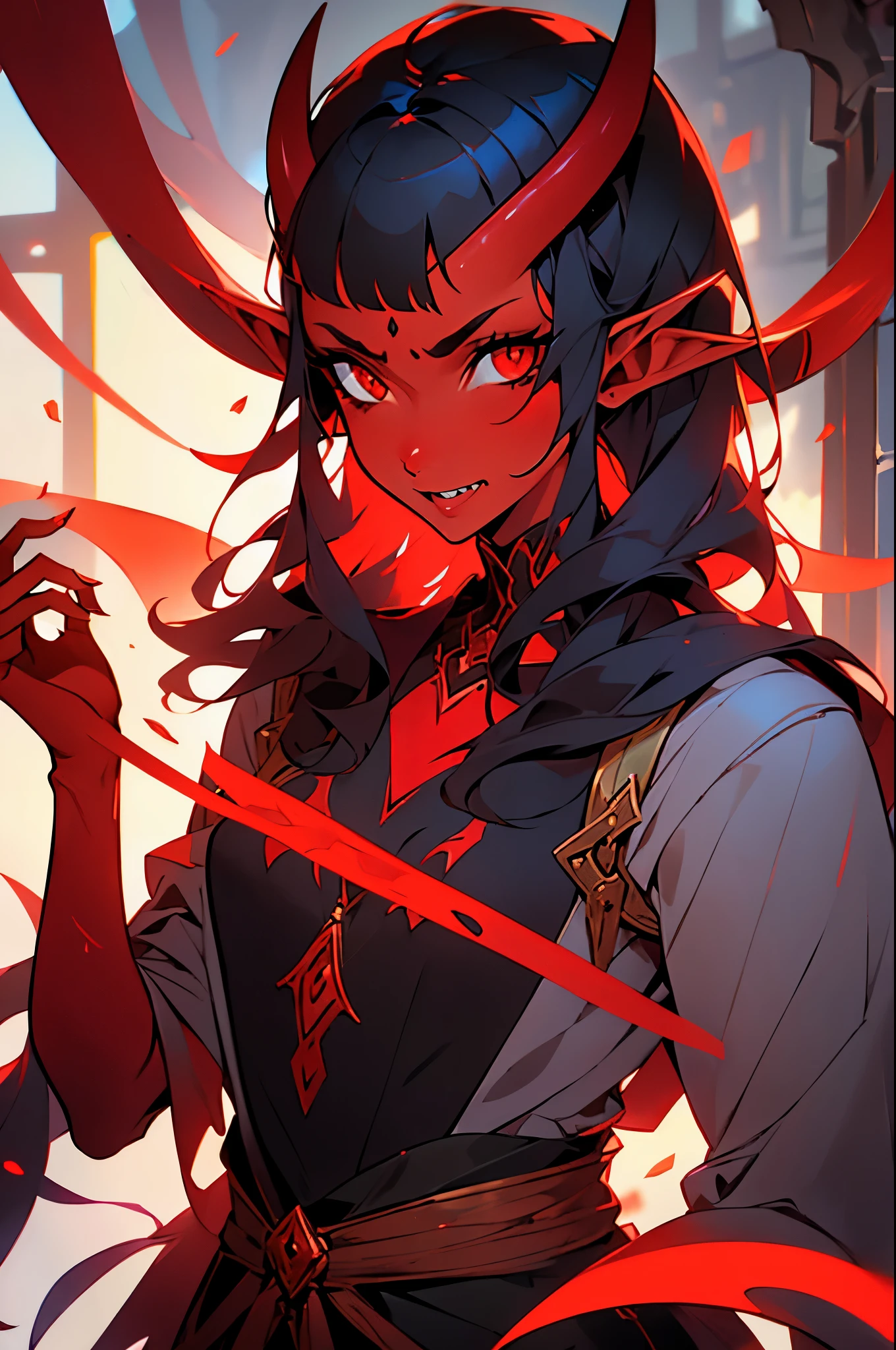 1 mature girl, tiefling, solo, red-skinned girl, red skin, sharp teeth, black hair, long black hair with curtain bangs, elf ears, red eyes, horns on forehead, oni horns, 8k, highdef, ultrares, high quality face, high quality