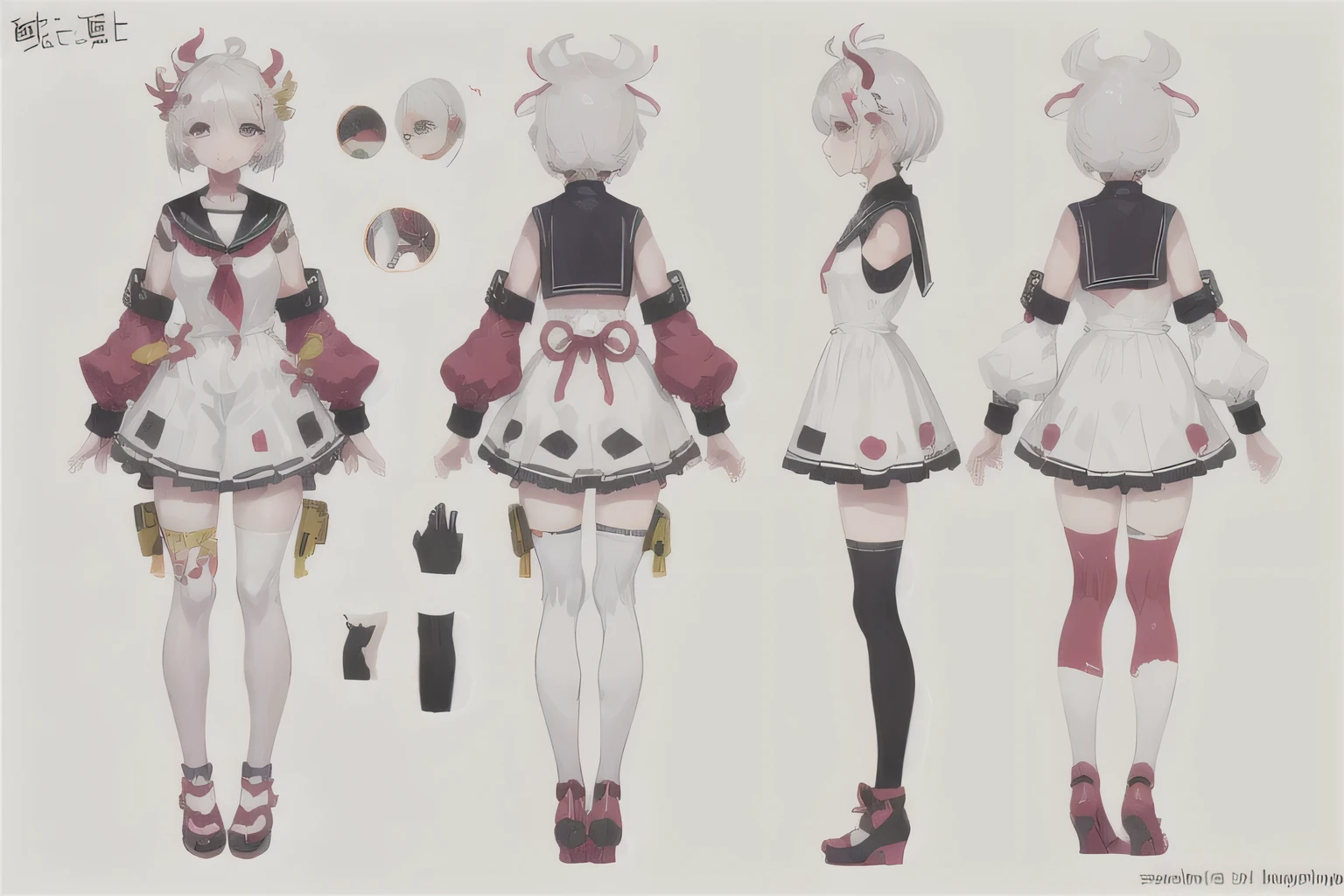 multiple views,1 chicken ,serafuku, simple background, white background, full body,