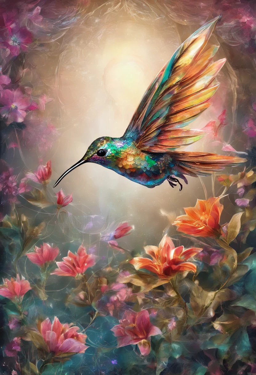 a metallic hummingbird in a futuristic landscape, where flowers are made of metal