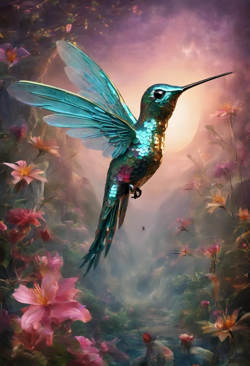 a metallic hummingbird in a futuristic landscape, where flowers are made of metal