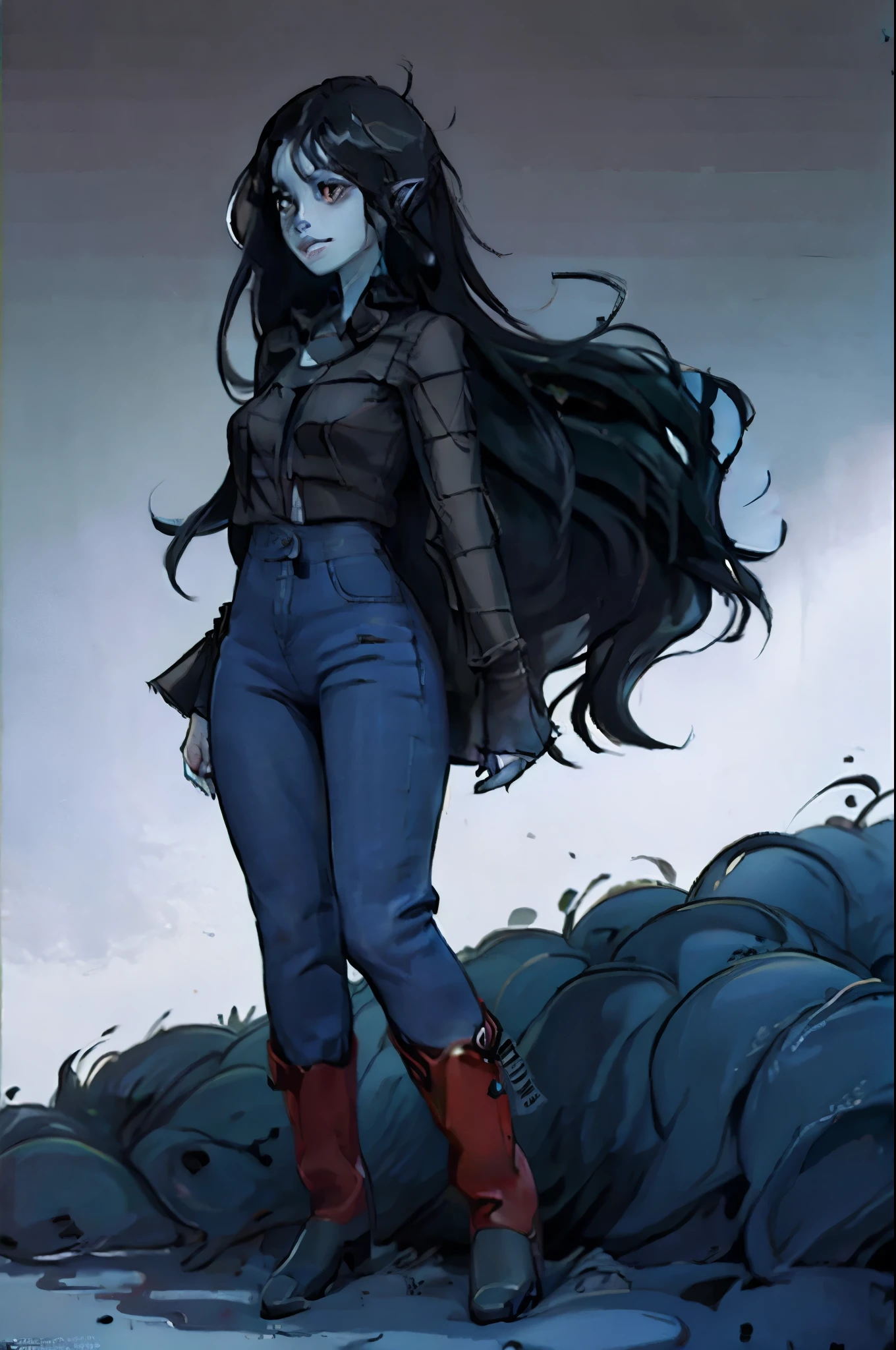 a girl, light blue-gray skin, well-shaped fangs, long midnight black hair that reaches her feet, she has two marks on her neck that are the bite marks that turned her into a vampire, pointy ears, gray blouse, pants dark blue jeans, dark red boots, big ass, black lipstick, in high quality, looking at the viewer