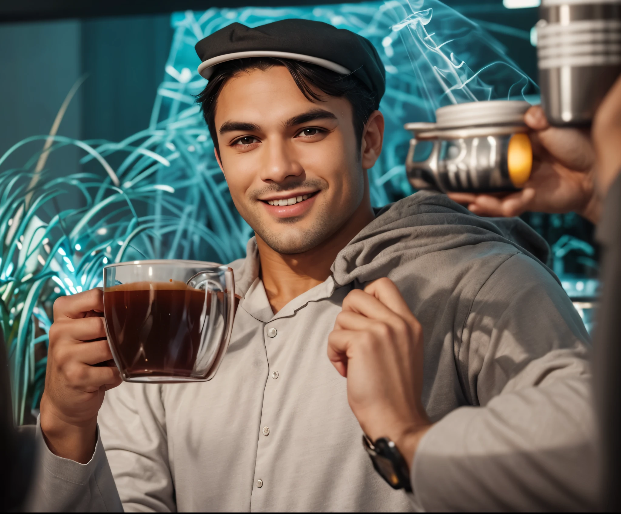 Cyberpunk. Man in futuristic clothing, cyborg, smiling. He holds a high-tech cup with a drink in his hand
