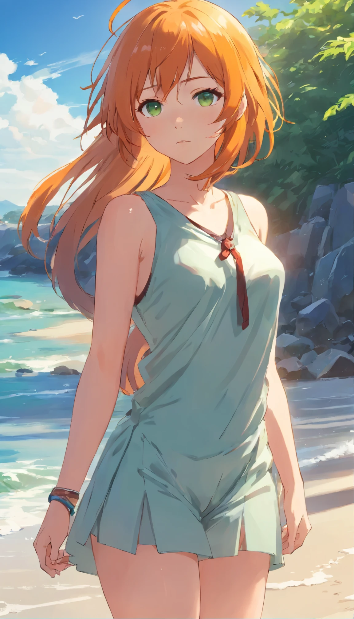 Anime girl with long orange hair, standing on the beach near the ocean, green eyes detailed digital anime art, Anime girl with long hair, гладкое аниме cg art, Anime girl with long hair, digital anime art, work in Guweiz style, Beautiful anime portrait, Photorealistic render of an anime girl, Beautiful anime girl, advanced digital anime art, guweiz на artstation pixiv HD UHD HQ
